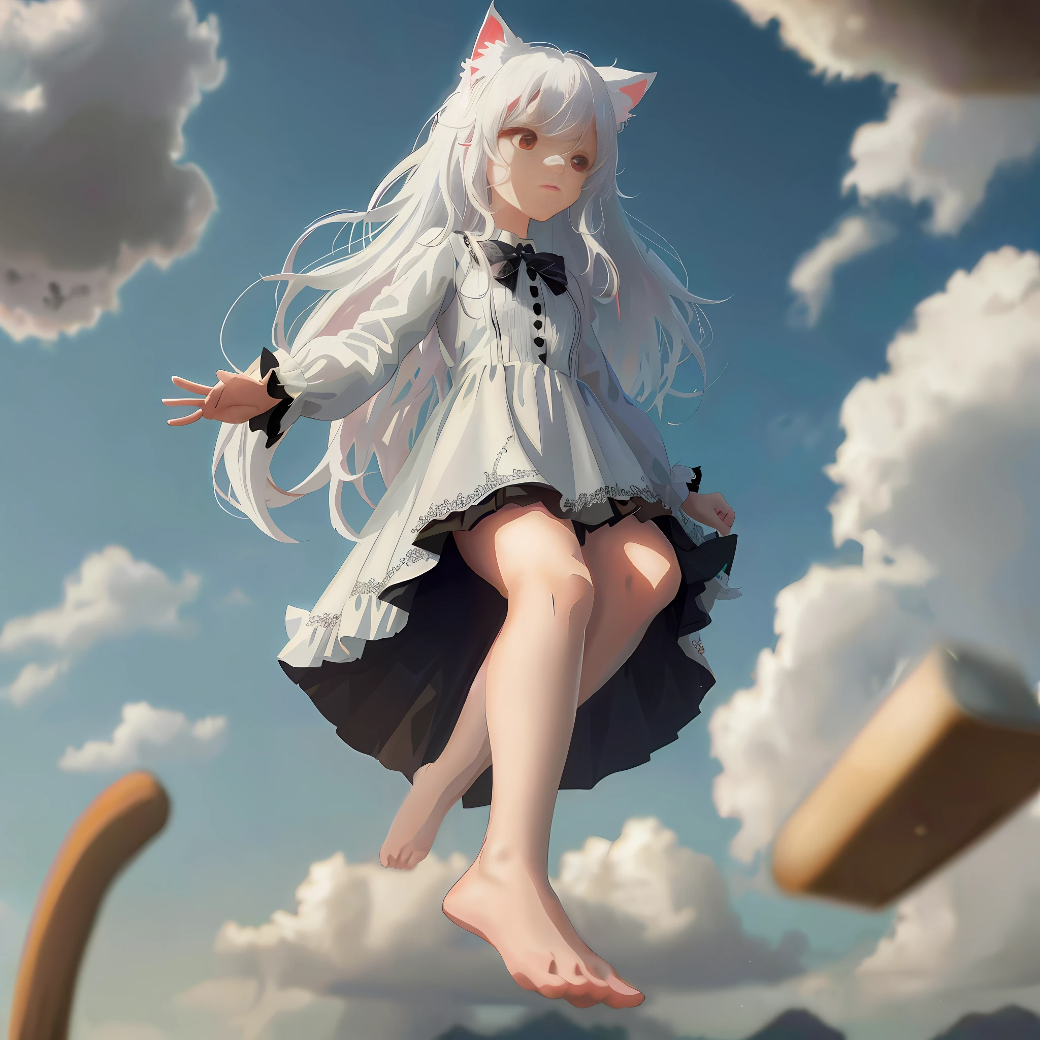 Anime girl flying in white dress and black skirt in the air, red eyes, white cat girl, white hair floating in the air, anime art wallpaper 8K, very beautiful anime cat girl, anime cloud, anime girl with cat ears, smooth anime CG art, guweiz on pixiv art station, cute anime cat woman, guweiz