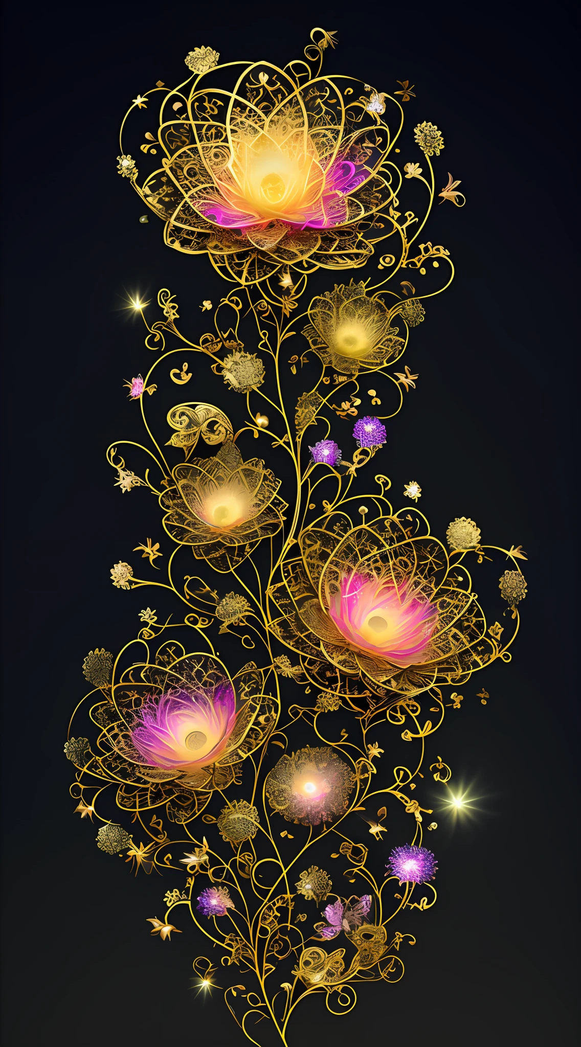 3D illustration, metal filigree profusion, gold and silver, colorful, layers, floral and vegetative design, stacked, sparkles, generative, spiral, black background, mesmerizing, expansive, volumetric lighting, ultra detailed, dynamic masterpiece