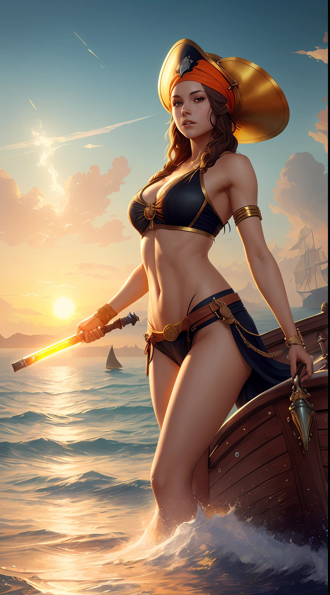 Masterpiece, best quality, (8k very detailed CG unit wallpaper) (best quality), (best illustration), (best shading) a golden sea wave, bright orange aol sunset through the wave, golden water drops flying, (:1. 6), fantasy medieval pirate, saber in hand, turban, pirate hat, cocked hat, on a boat, sails, sea and sky background, the only characters, correct female anatomy, art by Greg Rutkowski, digital art by artgerm, detailed art, masterpiece, digital painting, correct anatomy

Translated with www.DeepL.com/Translator (free version)