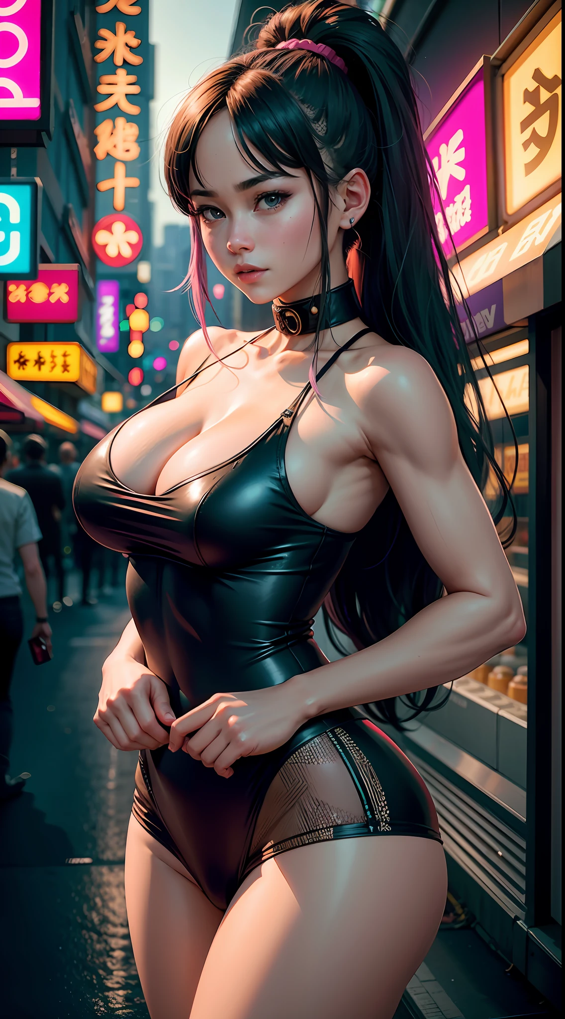 Videl Dragonball, cheerful face, original pink long hair, long eyelashes, beautiful eyes with brightness, surrealism, shadow, stereogram, (photorealistic, realistic: 1.2), POV, atmospheric perspective, cinematic lighting, ray tracing, 8k, super detail, best quality, masterpiece, well detailed, (Canan EOS R6, 135mm, 1/1250s, f/2.8, ISO 400:0.9), cyberpunk, neon, neon signs, ramen shops, night, cleavage, from the back, string, tank top