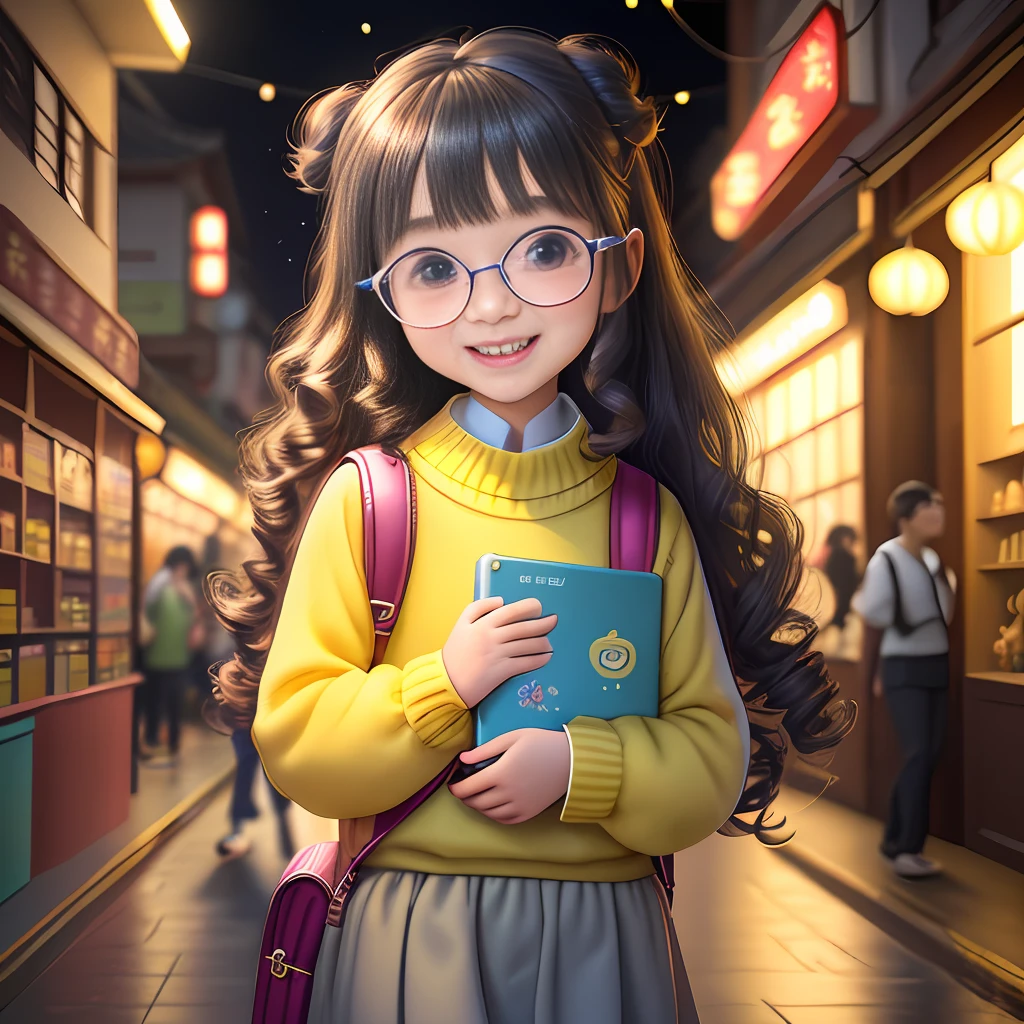 A super cute girl,holding a sparkling magic book,big eyes, big glasses, laughing happily, long curly hair, wearing a yellow sweater,carrying a backpack, Chinese architecture Background, fireflies flying around late at night, Dingdalguang, Bubble Mart style, blind box toys, full body photos, blender 3D,octane render, rich details