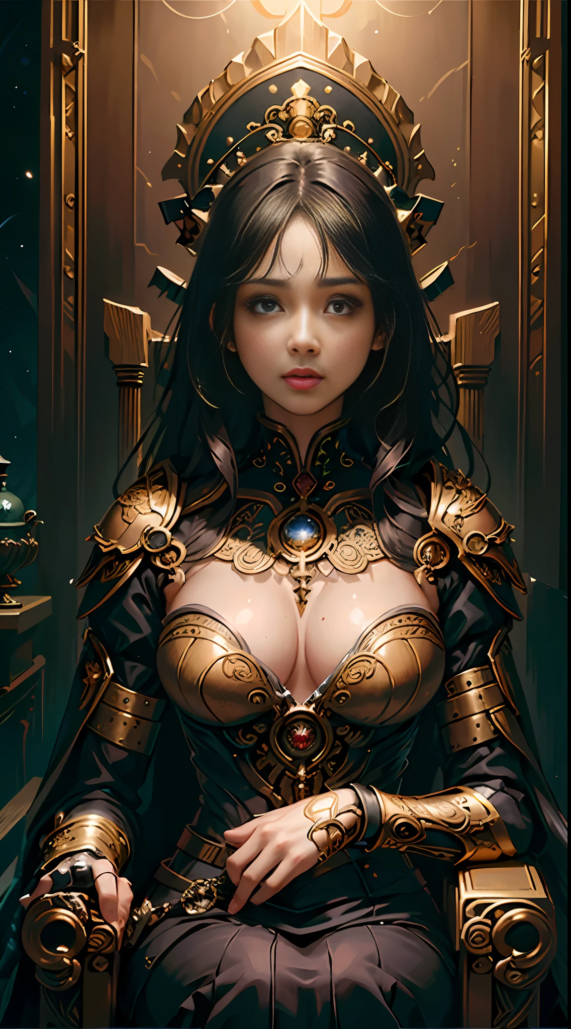 (RAW photo, best quality), (realistic, photo-realistic:1.2), 1girl, high quality, (high detailed skin:1.4), puffy eyes, gorgeous hair, (dark room:1.3), (rim lighting:1.3), (dimly lit:1.3), (dark night:1.3),black hair,short hair,upper body,(The regal crown),(Rich gold ornaments), ((Anime style)), ((from below)),Giant clock,A long, loose black dress,(Whole bod:1.2),(throne)
