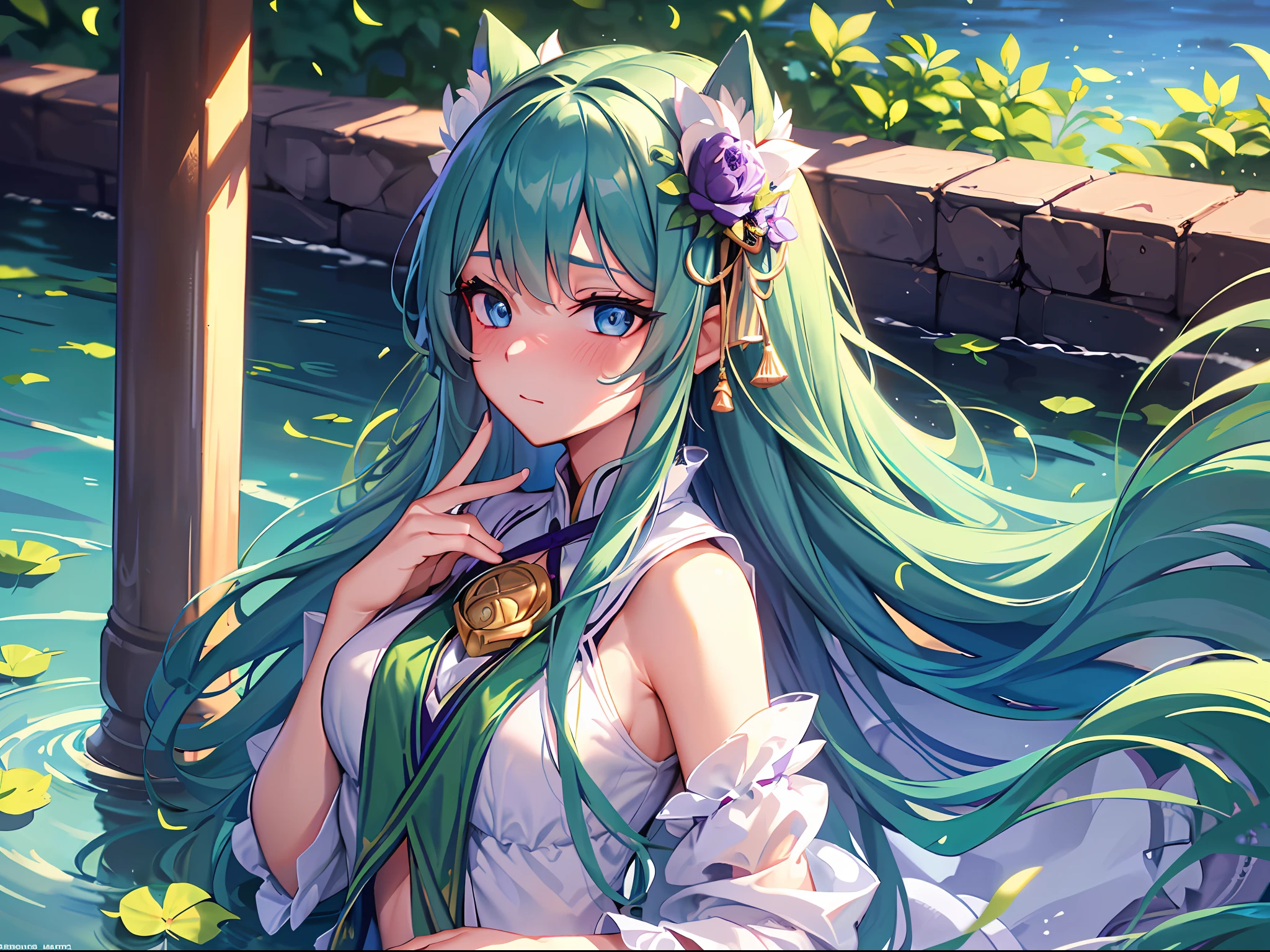 (extremely detailed CG unity 8k wallpaper,masterpiece, best quality, ultra-detailed),(best illumination, best shadow, an extremely delicate and beautiful),floating,
[(dynamic angle,((1girl)),((blue eyes:1.2)|(green eyes:1.2)|(purple eyes)),(long blue hair)|(long green hair)|(long purple hair), beautiful face,neck ribbon),(cute:1.2), (blushing:1.2),white wuxia clothes,floating lotus leaves,petals,water reflection): :0.75]