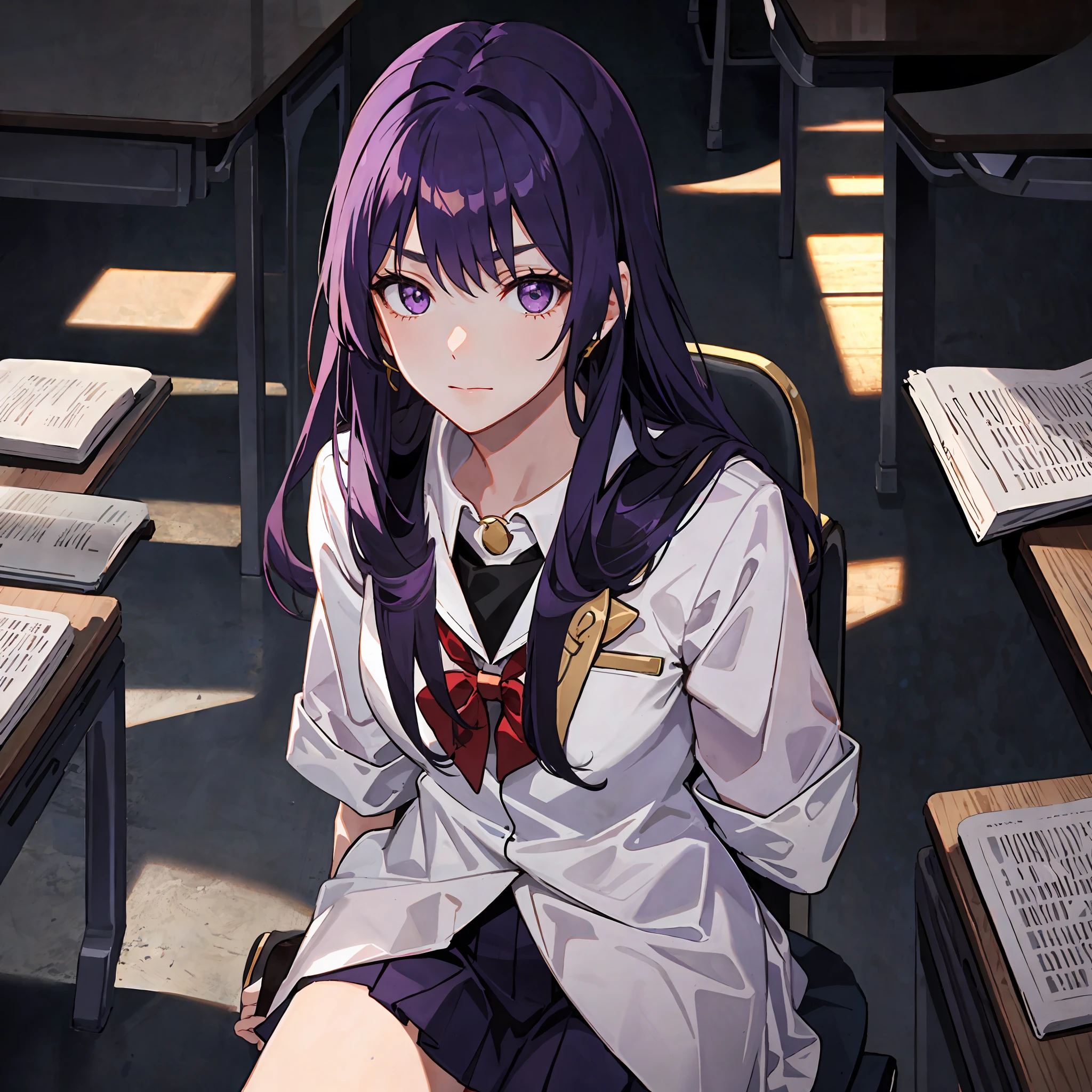 1girl, long midnight purple hair, golden light eyes, sit in class, white school modern uniform, anime