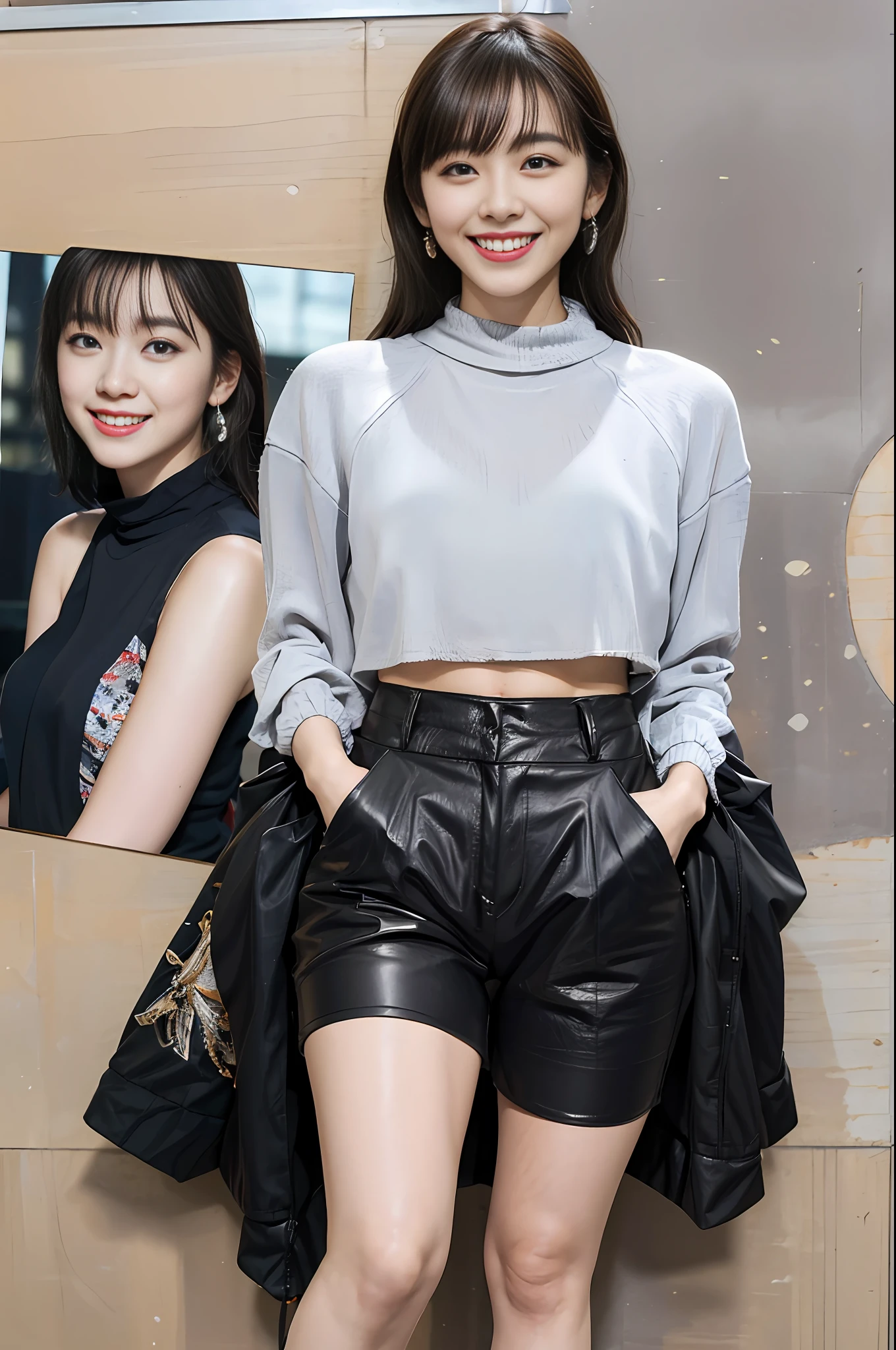 1 girl,Best quality, masterpiece, ultra high res, (photorealistic:1.4),highly detailed,professional lighting, smile ,playing skate board,on the street,wear tight sticky thin crop top and sticky ultra short pant.wear head phone,street style