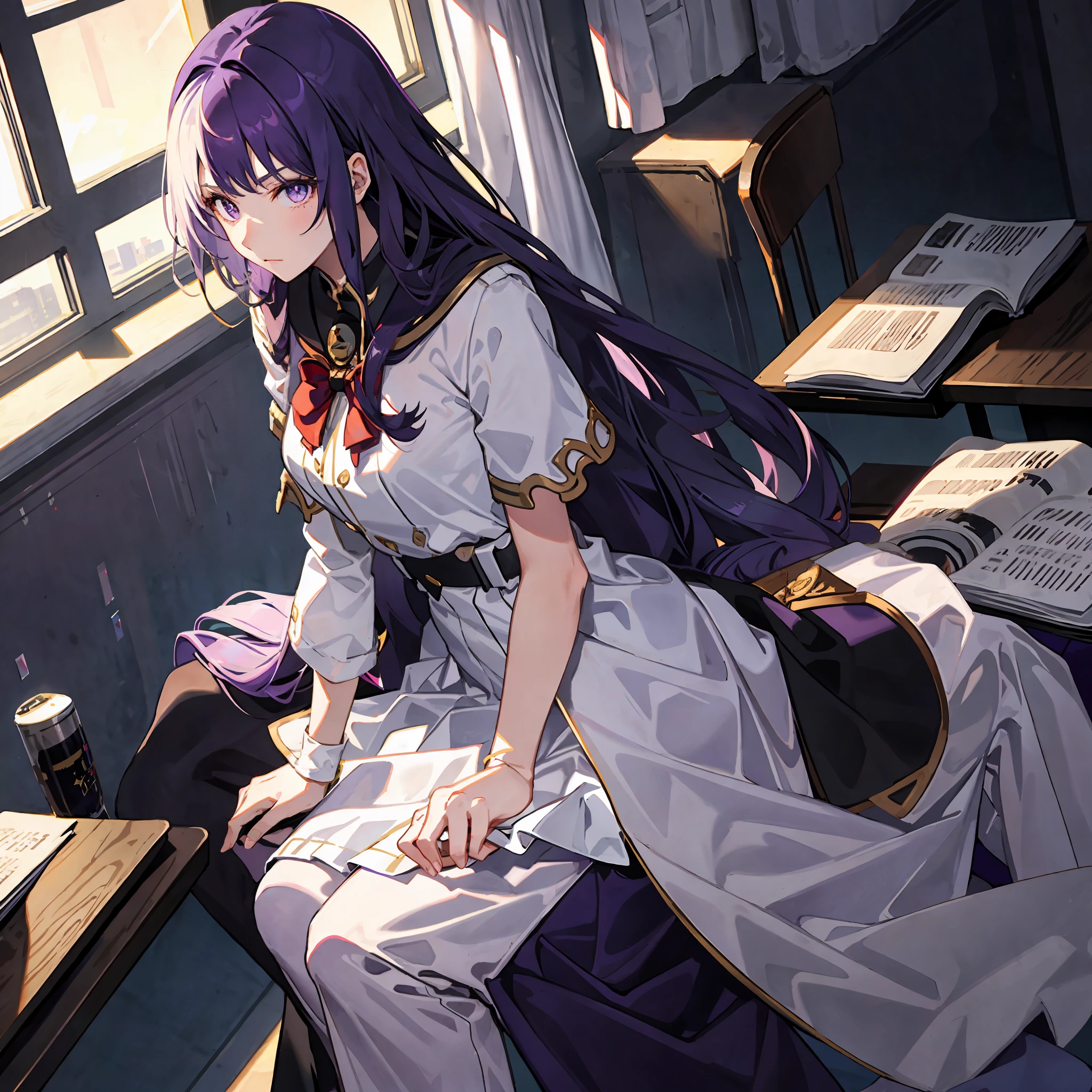 1girl, long midnight purple hair, golden light eyes, sit in class, white school modern uniform, anime