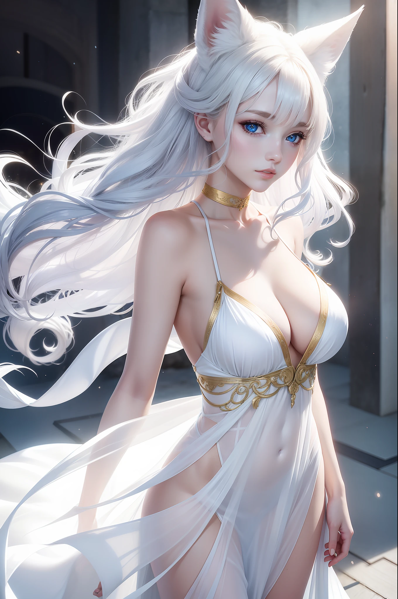 Women with ,golden curly hair,Blue eyes,white fox ears,,white translucent long dress with thin straps