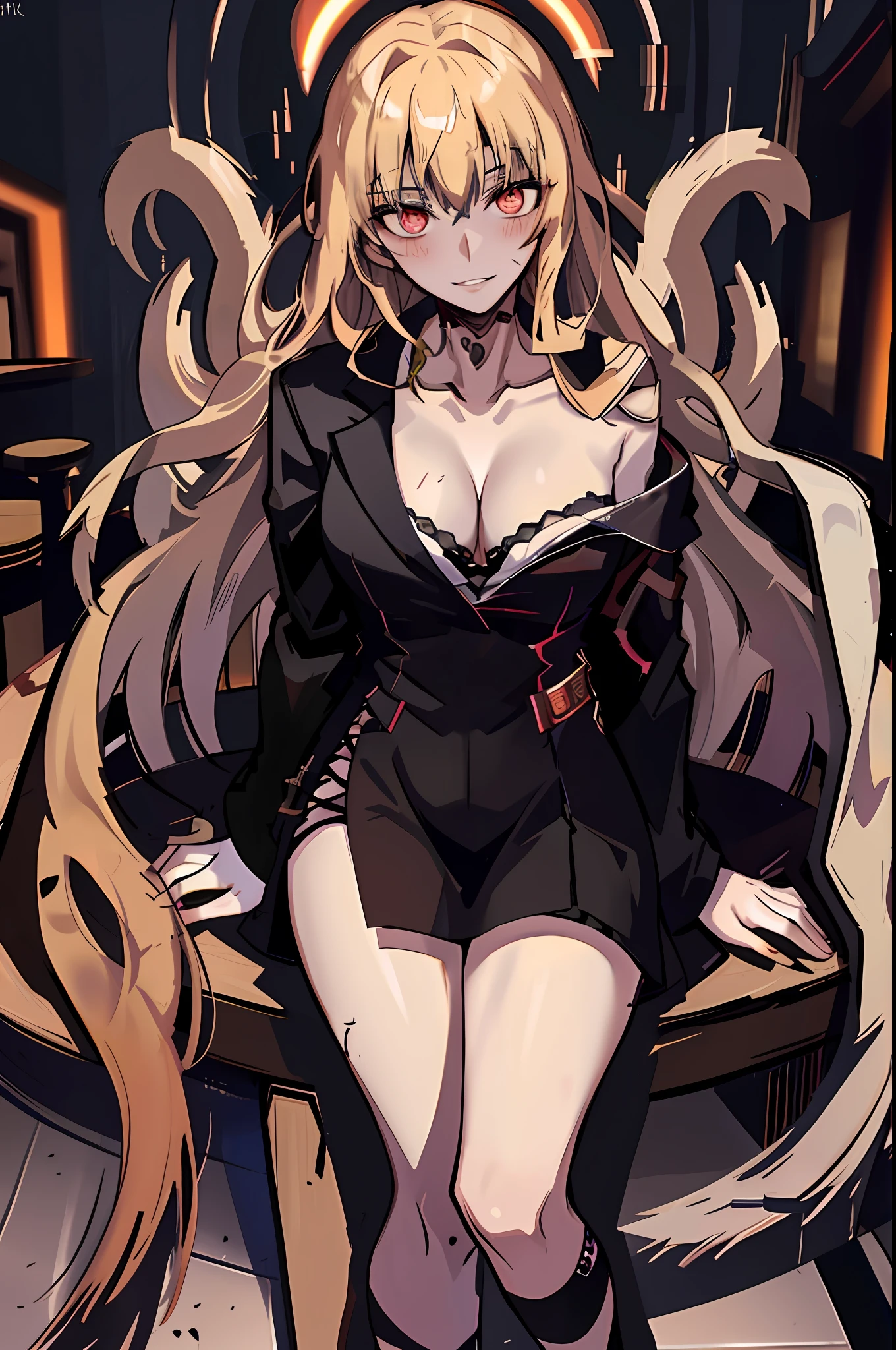 very long hair, golden hair, jacket, red_eyes, bangs, straight hair, inside the casino, casino table, looking down on the viewer, big, full body, crazy eyes, insane, wide open eyes, glowing eyes, shiny lips, blush, satisfied look, sexually aroused, obsessive look, crazy look, adult,, plump, blonde, girl in underwear, single girl, solo, sensational face, Sloppy expression, evil smile, crazy smile, bewitching face, blush, black bra, black panties, M-shaped leg spread, estrus, lustful expression, open legs, yandere face, ahe face, naughty expression