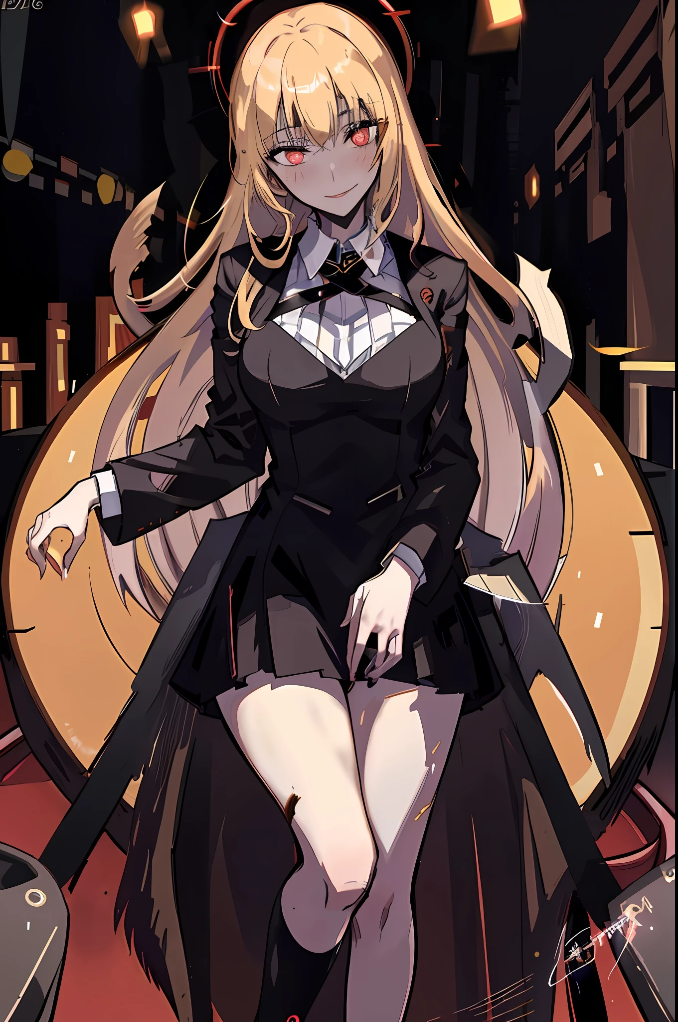 very long hair, golden hair, jacket, red_eyes, bangs, straight hair, inside the casino, casino table, looking down on the viewer, big, full body, crazy eyes, insane, wide open eyes, glowing eyes, shiny lips, blush, satisfied look, sexually aroused, obsessive look, crazy look, adult,, plump, blonde, girl in underwear, single girl, solo, sensational face, Sloppy expression, evil smile, crazy smile, bewitching face, blush, black bra, black panties, M-shaped leg spread, estrus, lustful expression, open legs, yandere face, ahe face, naughty expression