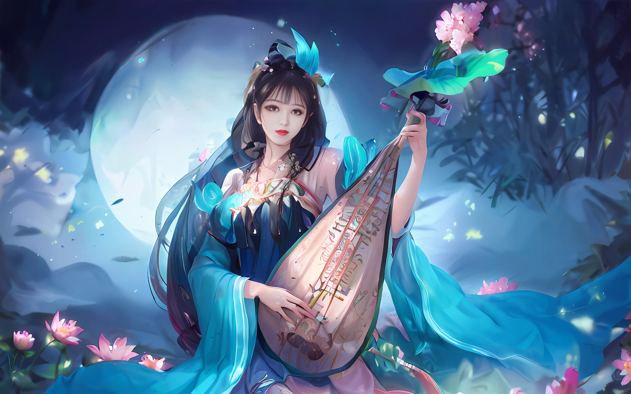 Best quality, masterpiece, most of the body, (background: garden), 1 girl, mature woman, chinoiserie, ancient China, sister, dancer, dark brown hair, dark hair, princess cut, twisted braid, curly hair, double ball head, coiled hair, streamer, pale pink lips, calm, intellectual, tassel, silver thread, beaded, peony flower, robe, silk skirt, embroidery, delicate face, close-up, light-colored clothes, pretty face, realistic, edge lighting, two-tone lighting, (high detail skin :1.2), 8K UHD, DSLR, Soft Light, High Quality, Photo, High Resolution, 4K, 8K, Background Bokeh, Lute, Headgear