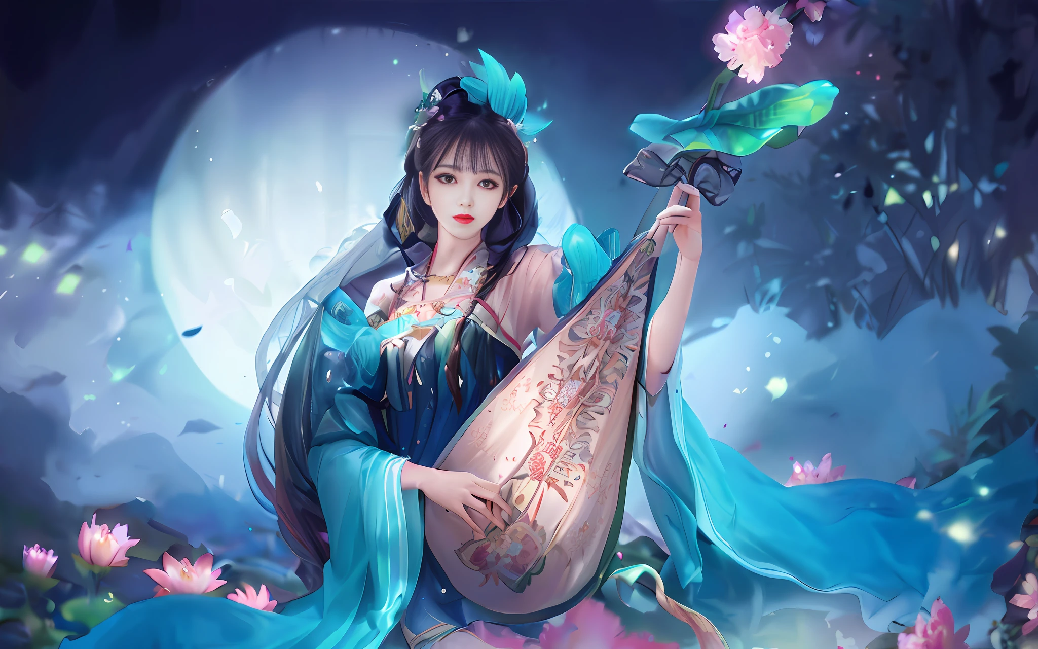 Best quality, masterpiece, most of the body, (background: garden), 1 girl, mature woman, chinoiserie, ancient China, sister, dancer, dark brown hair, dark hair, princess cut, twisted braid, curly hair, double ball head, coiled hair, streamer, pale pink lips, calm, intellectual, tassel, silver thread, beaded, peony flower, robe, silk skirt, embroidery, delicate face, close-up, light-colored clothes, pretty face, realistic, edge lighting, two-tone lighting, (high detail skin :1.2), 8K UHD, DSLR, Soft Light, High Quality, Photo, High Resolution, 4K, 8K, Background Bokeh, Lute, Headgear