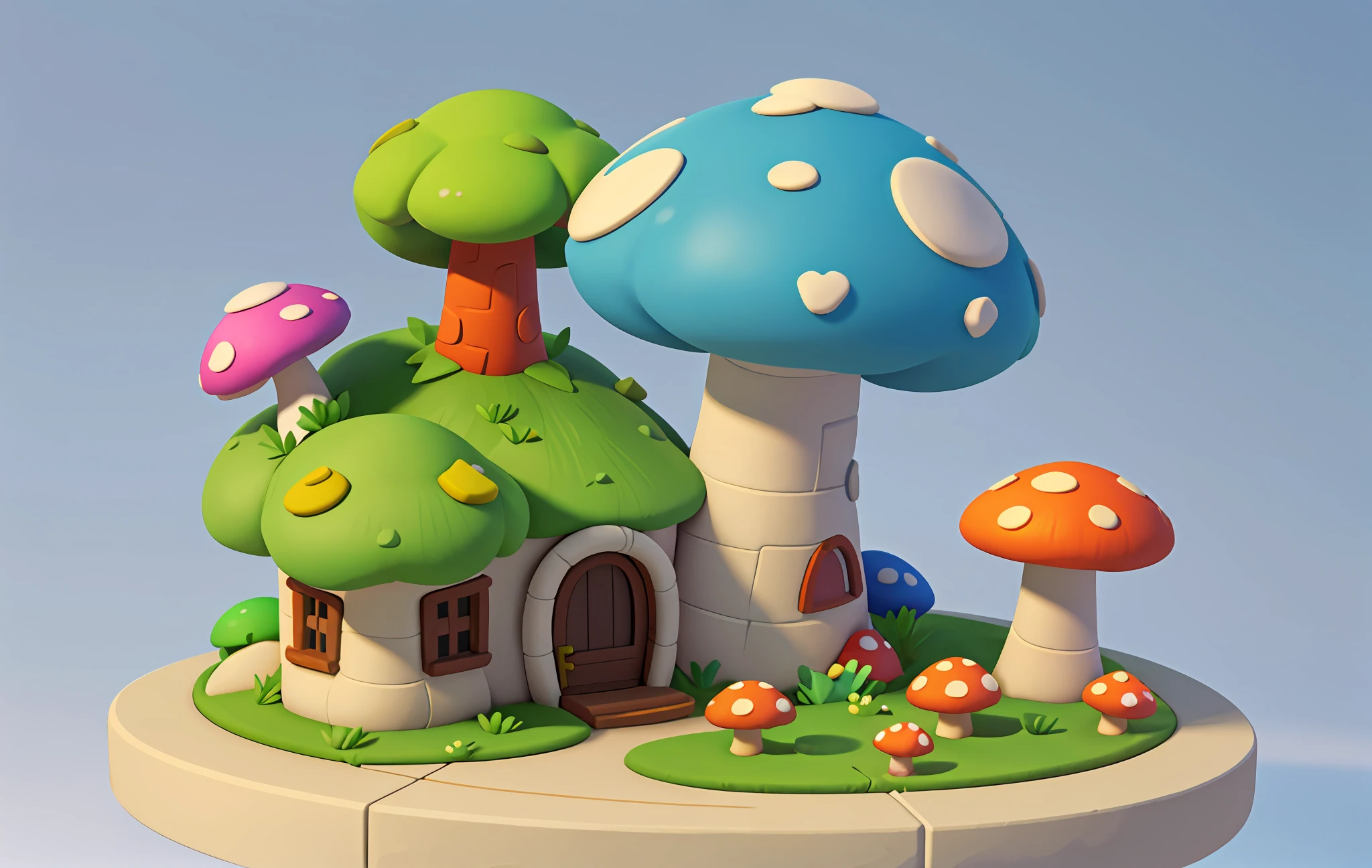 Cartoon style, polygon, game building design, fantasy, beautiful house, mushroom shaped building, forest element, white background, casual game style, creative, best detail, 3d, blender, masterpiece, best quality, cartoon rendering, 8K