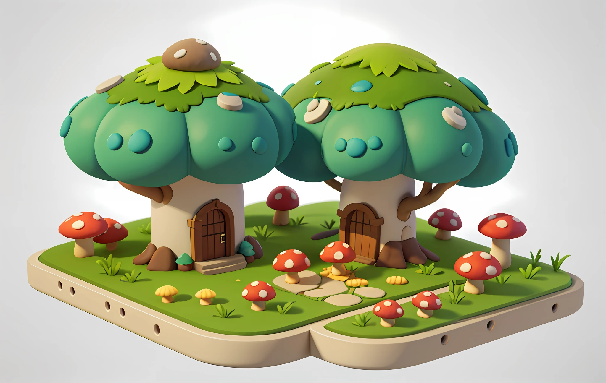 Cartoon style, polygon, game building design, fantasy, beautiful house, mushroom shaped building, forest element, white background, casual game style, creative, best detail, 3d, blender, masterpiece, best quality, cartoon rendering, 8K