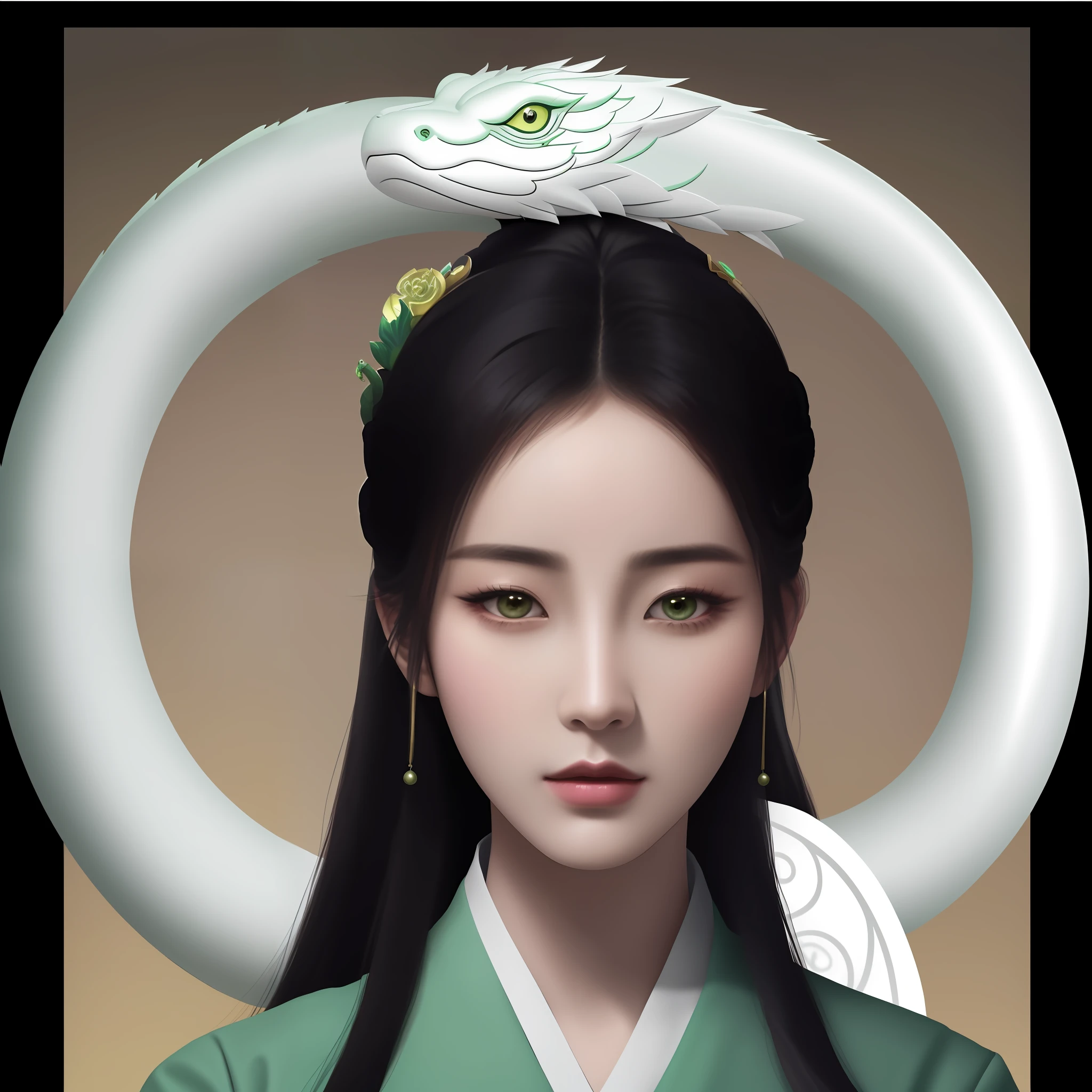 Arafeld image of a woman wearing a green dragon on her head, Guwiz style artwork, Portrait of a Dragon Woman, inspired by Yoon Du-seop, inspired by Shen Shizhen, a beautiful artwork illustration, Snake Face Lady, inspired by Shen Yunfu, Gu Wiz, beautiful digital illustration, ancient Chinese art style