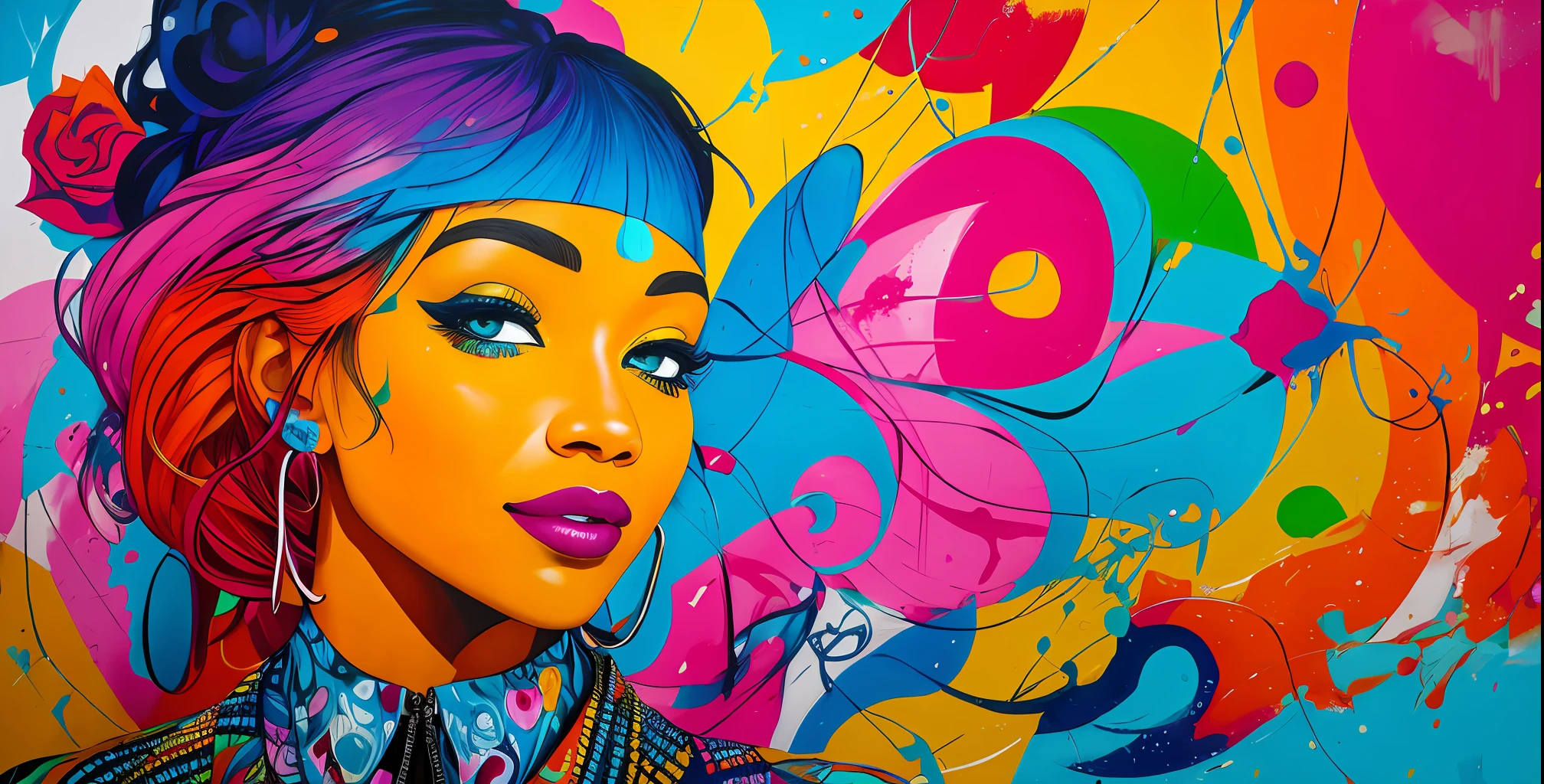 In a magnificent graffiti street art style, a vibrant mural comes to life on a wall, showcasing a beautiful woman with an array of colorful hues. The artist's technique combines light brushstrokes and splatters, reminiscent of the captivating works of Os Gemeos. The use of vivid colors adds a sense of vibrancy and energy to the artwork, capturing the woman's allure and charisma. The composition highlights her graceful features and confident expression, inviting viewers to be captivated by her presence. The artwork stands as a striking representation of the fusion between urban art and the celebration of feminine beauty.