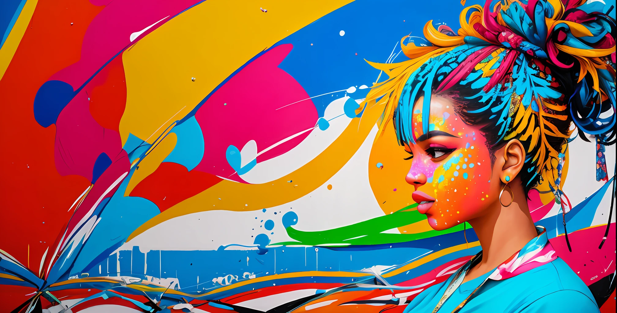 In a magnificent graffiti street art style, a vibrant mural comes to life on a wall, showcasing a beautiful woman with an array of colorful hues. The artist's technique combines light brushstrokes and splatters, reminiscent of the captivating works of Os Gemeos. The use of vivid colors adds a sense of vibrancy and energy to the artwork, capturing the woman's allure and charisma. The composition highlights her graceful features and confident expression, inviting viewers to be captivated by her presence. The artwork stands as a striking representation of the fusion between urban art and the celebration of feminine beauty.