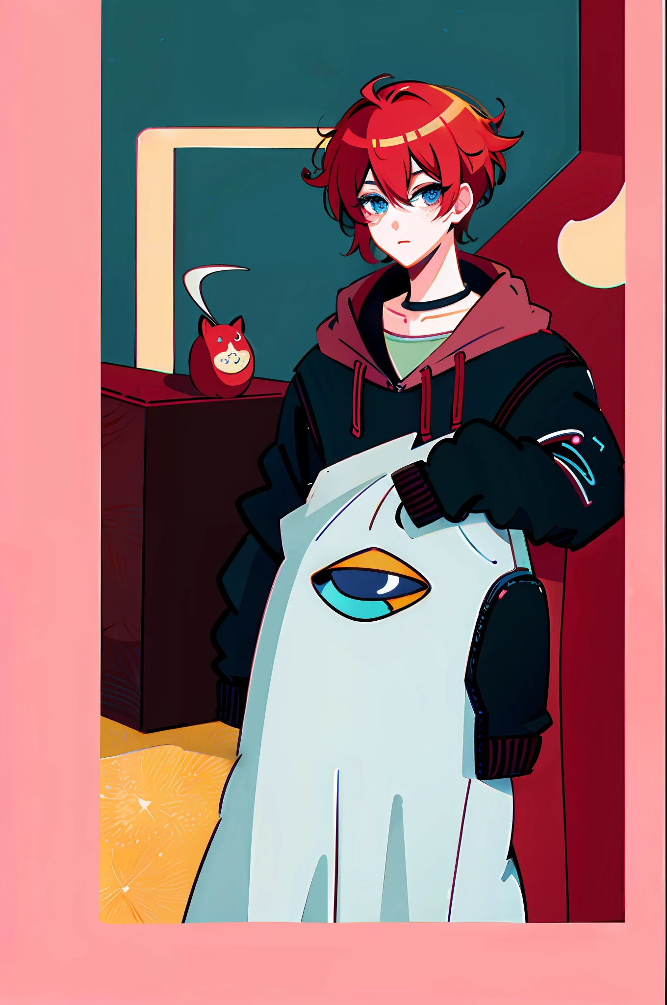 Book cover, cupkace, 2d, anime style, manhwa style, book cover with candy confectionery drawing, the attendant who appears on the cover is a red-haired boy and I'm with blue eyes, cute equal male protagonist of romance, (1boy)