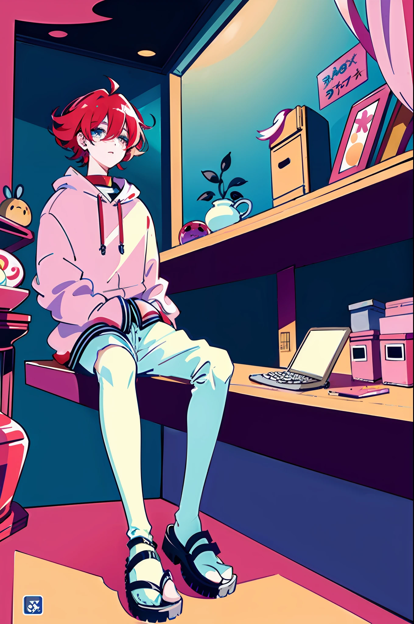 Book cover, cupkace, 2d, anime style, manhwa style, book cover with candy confectionery drawing, the attendant who appears on the cover is a red-haired boy and I'm with blue eyes, cute equal male protagonist of romance, (1boy)