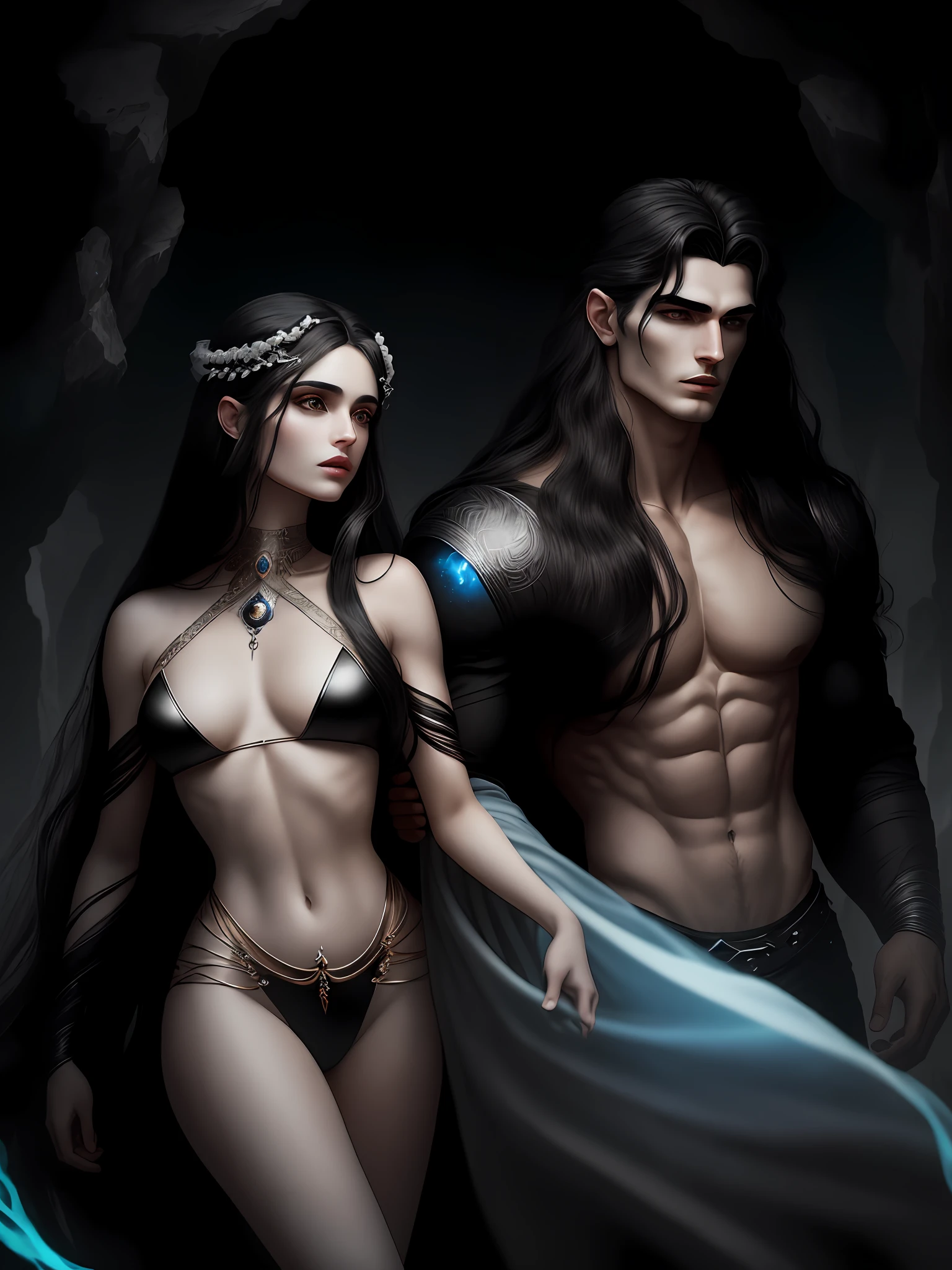 A surreal and ethereal landscape of the Greek God Hades seductive and virile, with long black hair and beautiful perfect face, strong and perfect body, and the Greek goddess Persephone with blonde hair and the perfect face, while they are both in a dreamli...