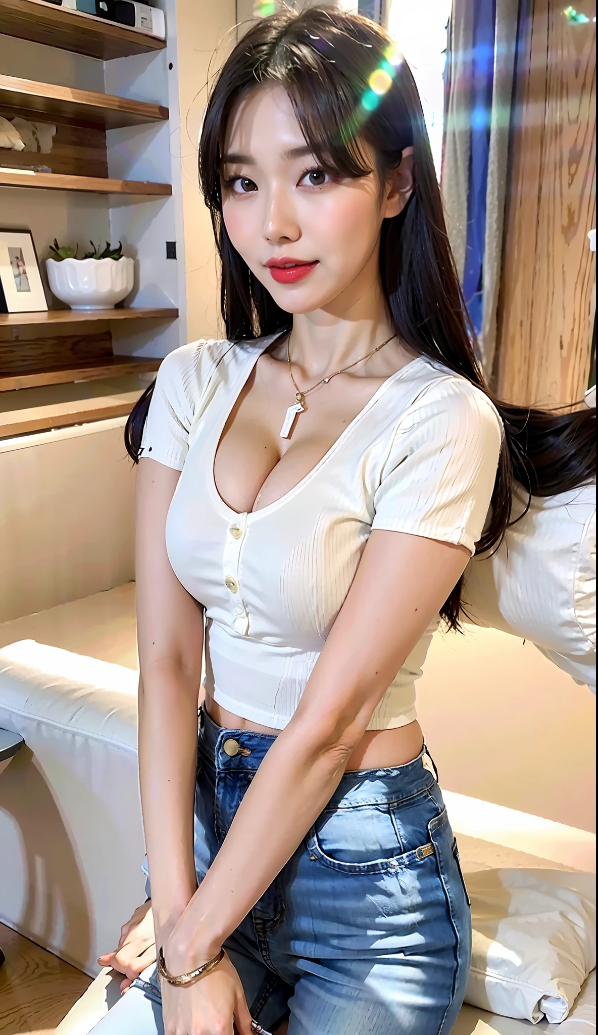 araffe asian woman in a white top and blue jeans posing for a picture, white top, open v chest clothes, wearing a cute top, wearing a sexy cropped top, low cut top, smooth white tight clothes suit, crop top, wearing tight shirt, jaeyeon nam, wearing crop top, wearing tight simple clothes, tight shirt, short sleeves, puff sleeves