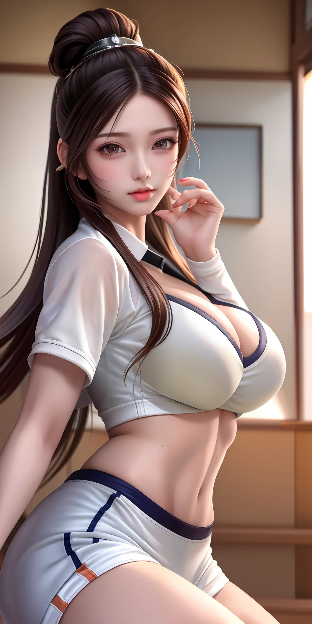 masterpiece:1.2, best quality), realistic, (real picture, intricate details, depth of field), (1girl, solo), make up, parted lips, highly-detailed, perfect face, (huge breasts:1.4), (skindentation), thick thighs, wide hips, small waist, tall, glossy coral lips, red hairs, red eyes, ponytail, (A girl playing volleyball, white volleyball uniform), (sweating:1.2), (wet), , blushing,