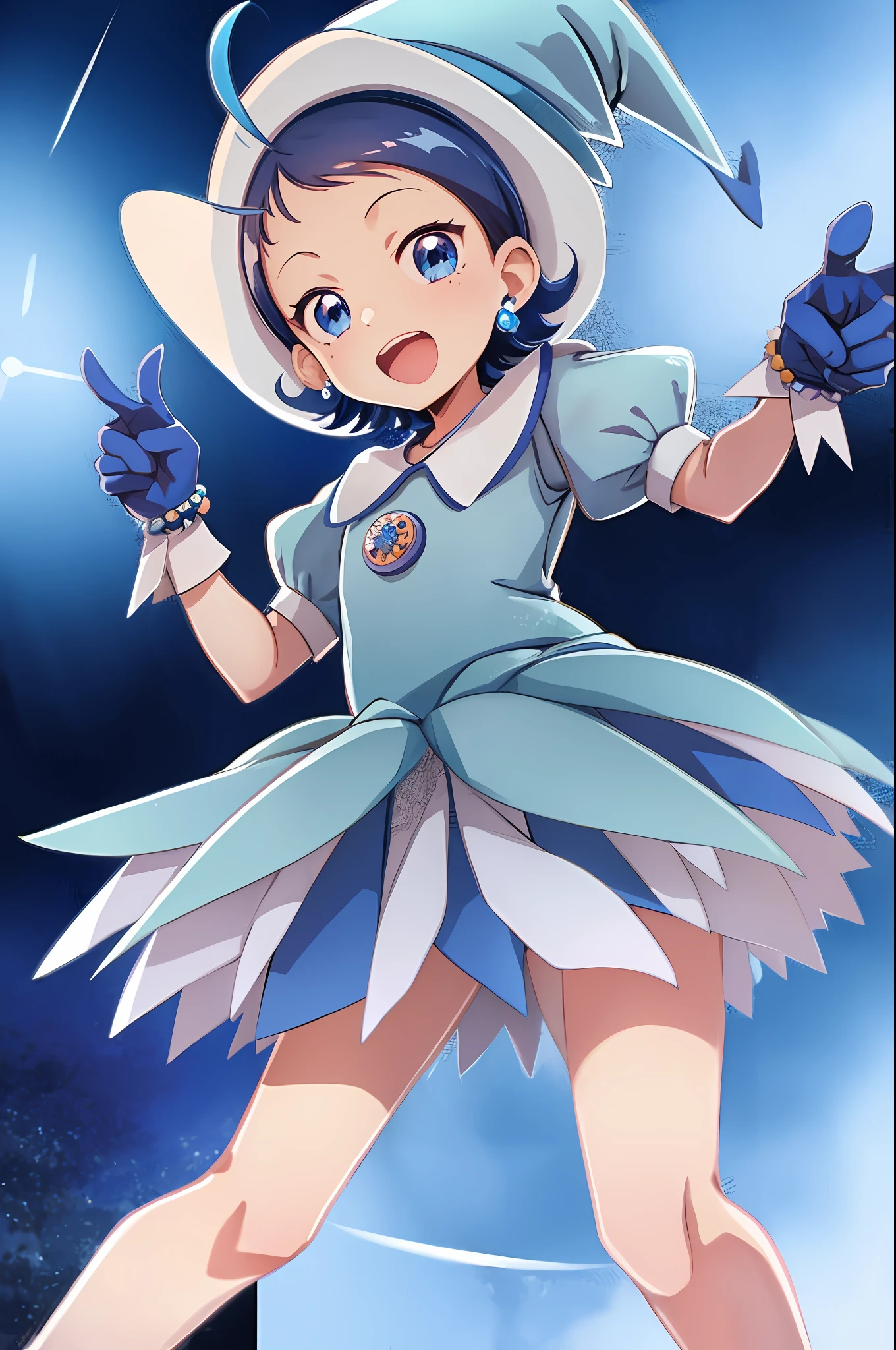 female child, solo, ojaksnmgc, blue eyes, blue hair, short hair, bangs, ahoge, witch hat, blue dress, blue skirt, short skirt, puffy sleeves, blue gloves, jewelry, standing, looking at viewer, city