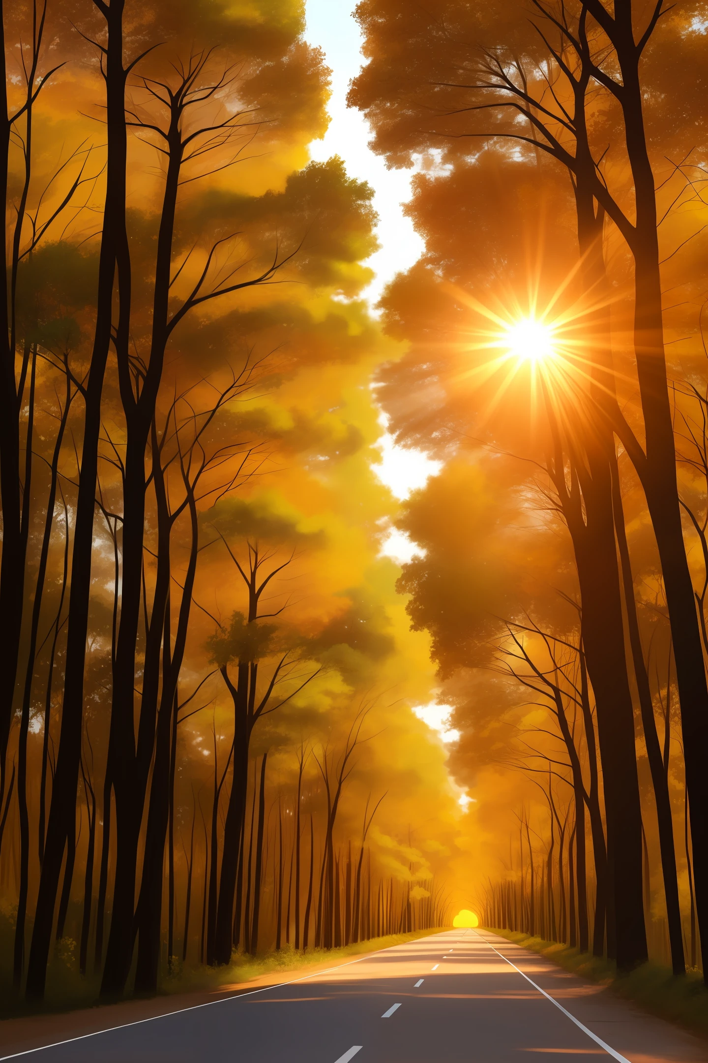 Create a totally empty forest with sun setting totally beautiful with an empty road
