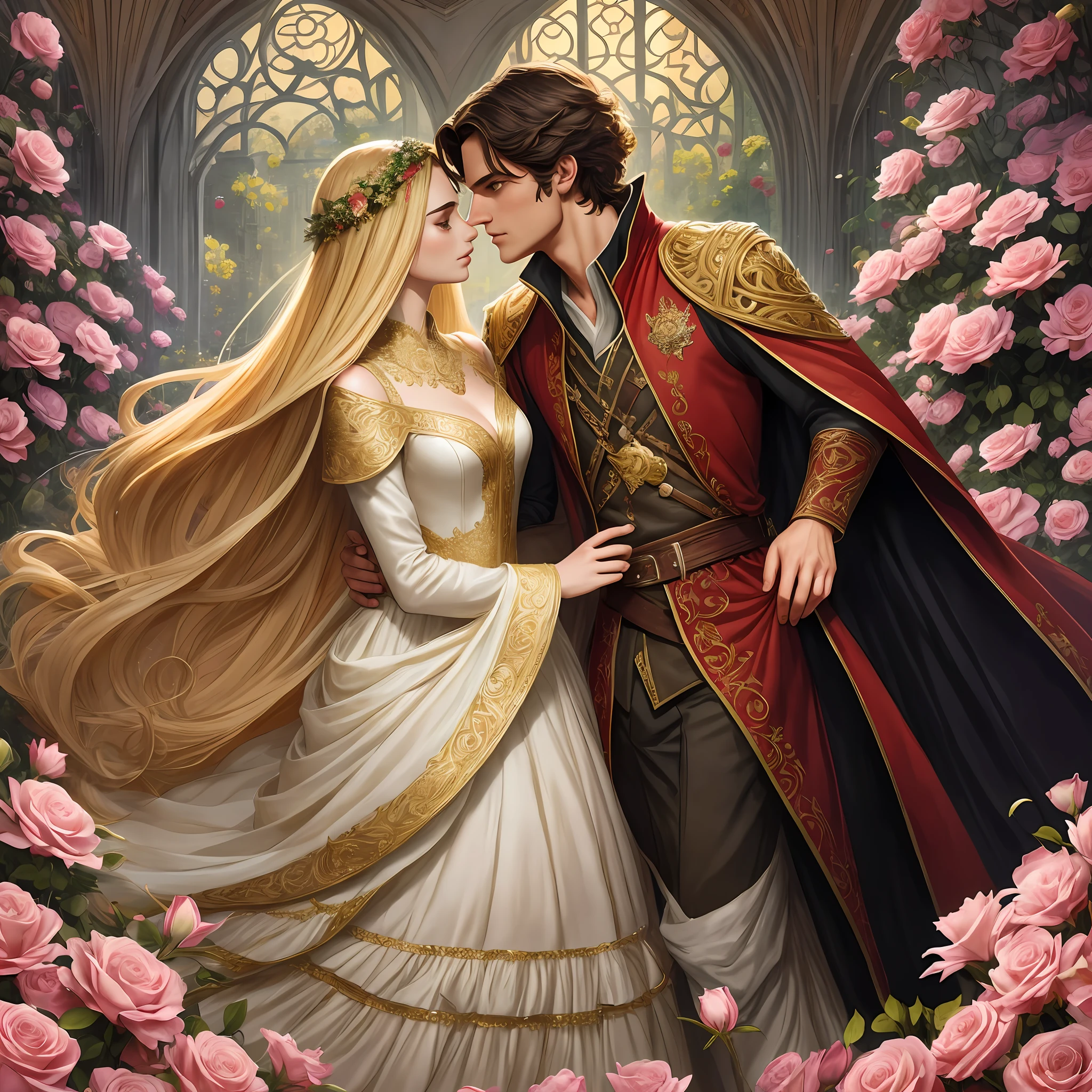 Couple Neels Visser is a prince who has golden blond hair, wears a medieval military outfit and is in love with the commoner Lily Collins, who has curly brunette black hair and wears a red dress, they kiss very affectionately, illustration of a romance book cover with a detailed, smooth, bright background filled with flowers covered in ivy and red roses, ornate gown standing in a bed of roses, rim light, dynamic lighting, etherial lighting, ultra detail, concept art, elegant, surreal, art by Lisa Aisato, Greg Hildebrandt, Citemer Liu, Stjepan Sejic, Samyang, Aykut Aydogdu, Justin Gerard, Alphonse Mucha, Artgerm, WLOP, and Greg Rutkowski