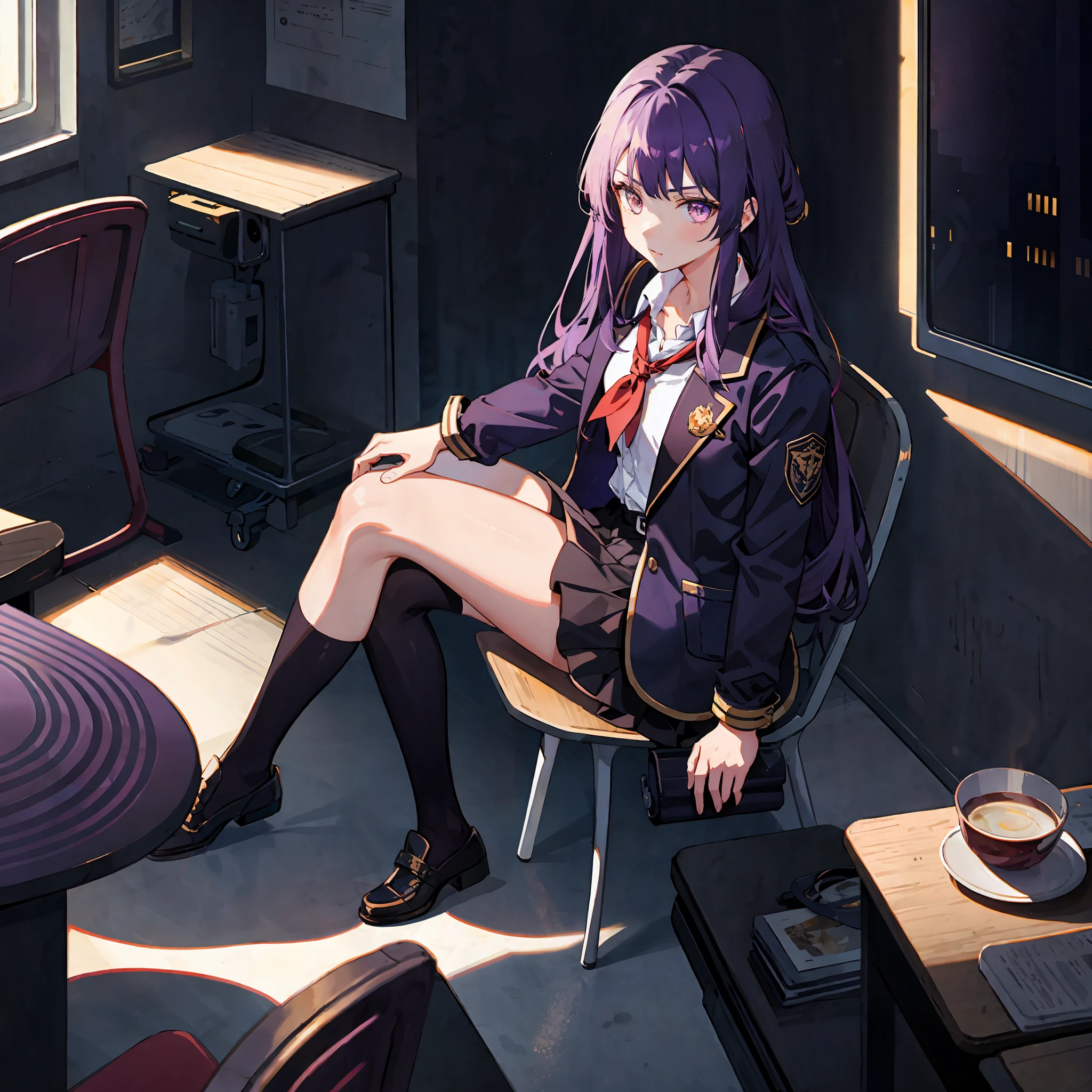 1girl, long midnight purple hair, golden eyes, sit in class, blue school modern uniform, anime