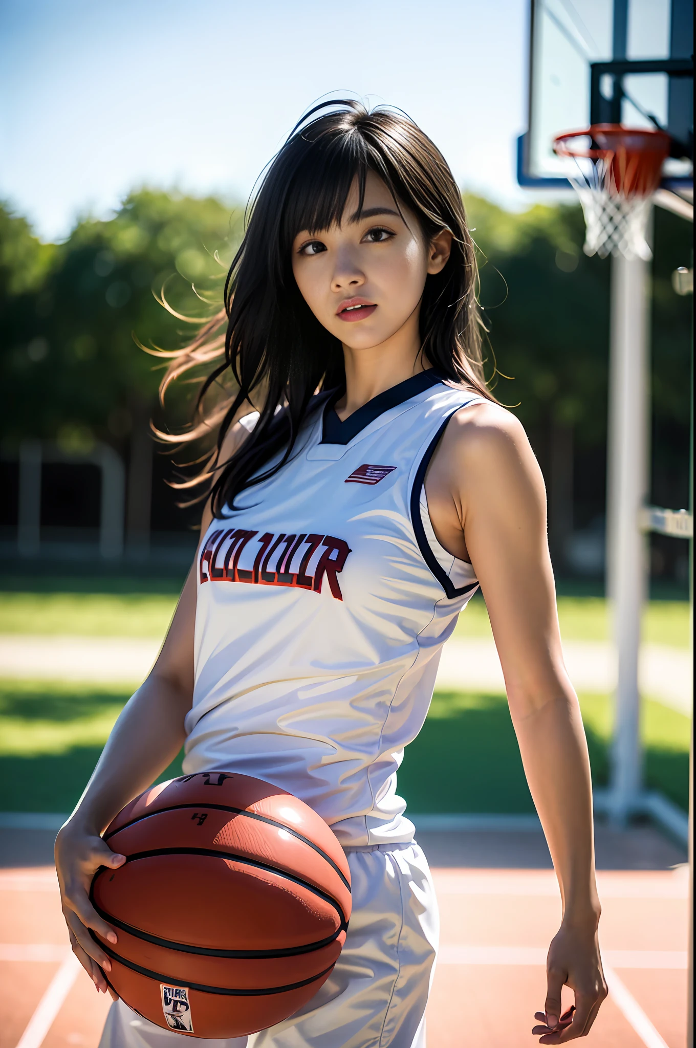 (8k, best quality, masterpiece:1.2), (realistic, photo-realistic:1.37), ultra-detailed,best quality, ultra high res, professional lighting, photon mapping, radiosity, physically-based rendering, cinematic lighting, basketball court,depth of field, sharp focus,sunbeam, good composition,(bokeh:1.2) 1girl,solo,(full body), (closed mouth),beautiful detailed eyes, pose, narrow waist,basketball uniform, black hair,messy hair,long hair floating in wind,(ulzzang-6500:1.2)
 mix4, hiqcgbody