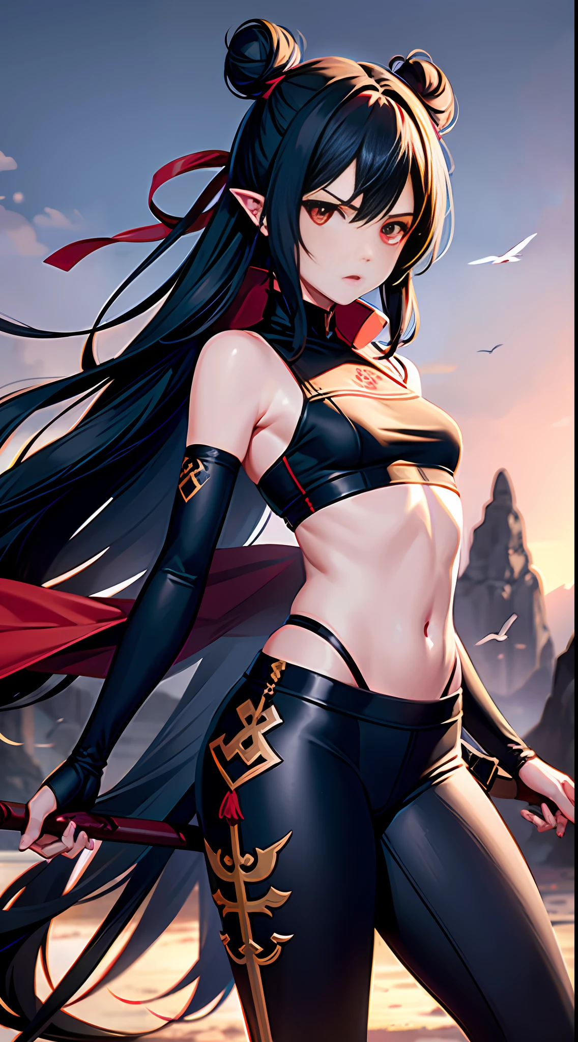 1 girl, blood on face, angry, holding spear, double bun, black shawl long hair, sports t-shirt, black bodybuilding trousers, red long cloth wrapped around the whole body, flat chest, small breasts, (flying), chinese mythology, cloudy, detailed sky, abstract background, (flame_surge_style:0.5)