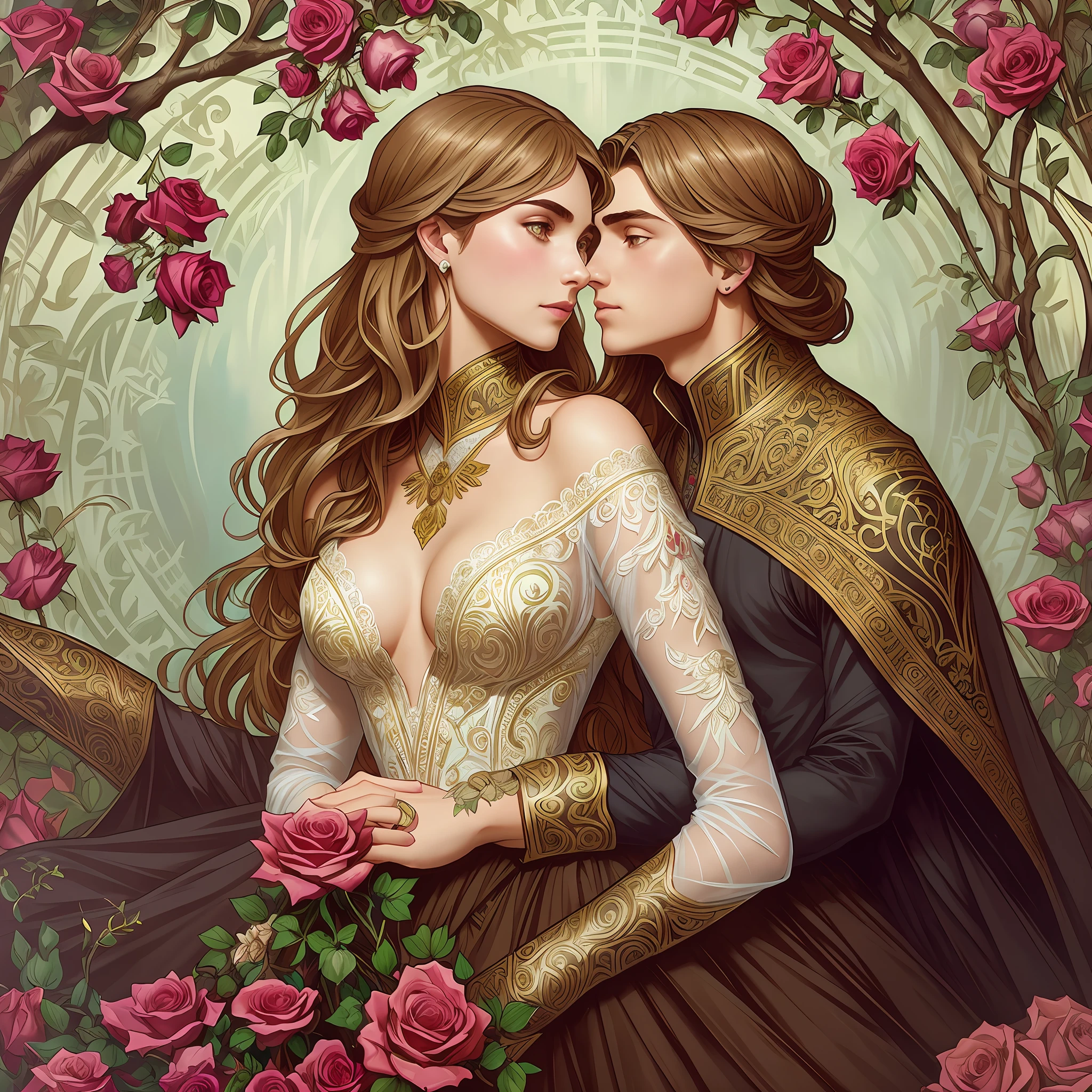 Couple one man and one woman Neels Visser is a prince who has golden blond hair, wears a medieval military outfit and is in love with the commoner Lily Collins, who has curly brunette black hair and wears a red dress, they kiss very affectionately, illustration of a romance book cover with a detailed, smooth, bright background filled with flowers covered in ivy and red roses, ornate gown standing in a bed of roses, rim light, dynamic lighting, etherial lighting, ultra detail, concept art, elegant, surreal, art by Lisa Aisato, Greg Hildebrandt, Citemer Liu, Stjepan Sejic, Samyang, Aykut Aydogdu, Justin Gerard, Alphonse Mucha, Artgerm, WLOP, and Greg Rutkowski