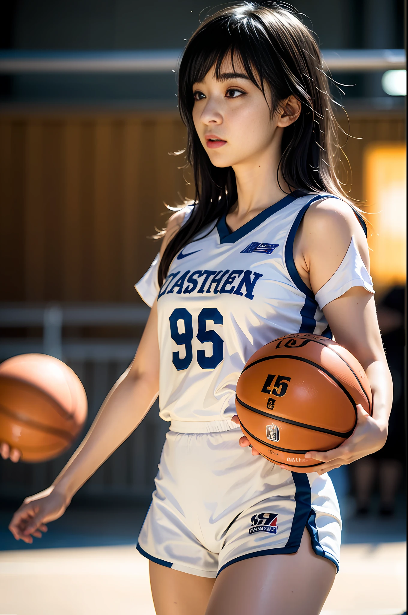 (8k, best quality, masterpiece:1.2), (realistic, photo-realistic:1.37), ultra-detailed,best quality, ultra high res, professional lighting, photon mapping, radiosity, physically-based rendering, cinematic lighting, basketball court,depth of field, sharp focus,sunbeam, good composition,(bokeh:1.2) 1girl,solo,(full body), (closed mouth),beautiful detailed eyes, pose, narrow waist,basketball uniform, black hair,messy hair,long hair floating in wind,(ulzzang-6500:1.2)
mix4, hiqcgbody