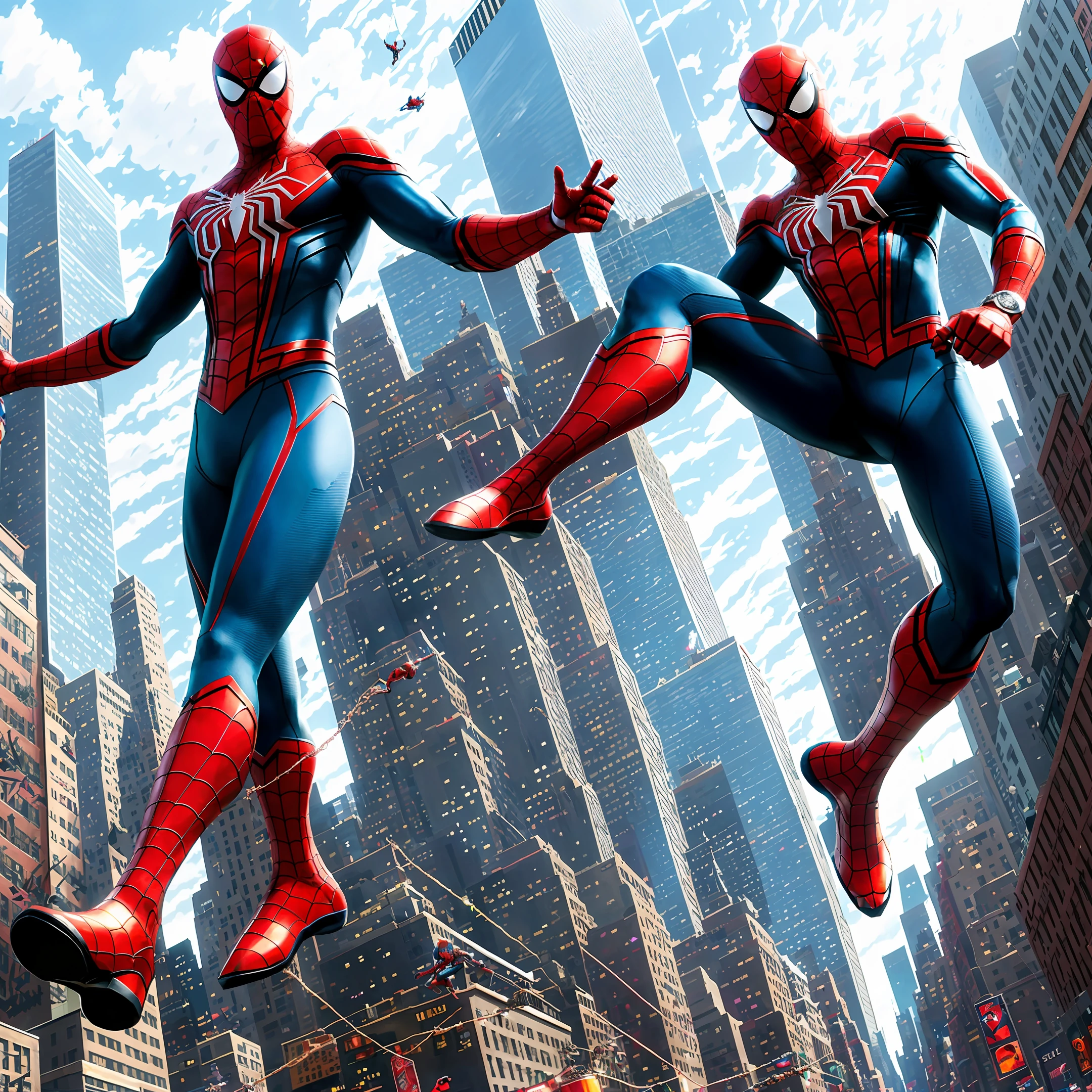 sehele style, (((full body view))), supspr, superior spider-man flying through the city, a man, four red metal legs, silver bracelets, sharp fingers, 8k, Unreal Engine 5, octane render, smooth soft skin, big dreamy eyes, beautiful intricate colored hair, anime wide eyes, soft lighting, digital painting, (((New York background))),