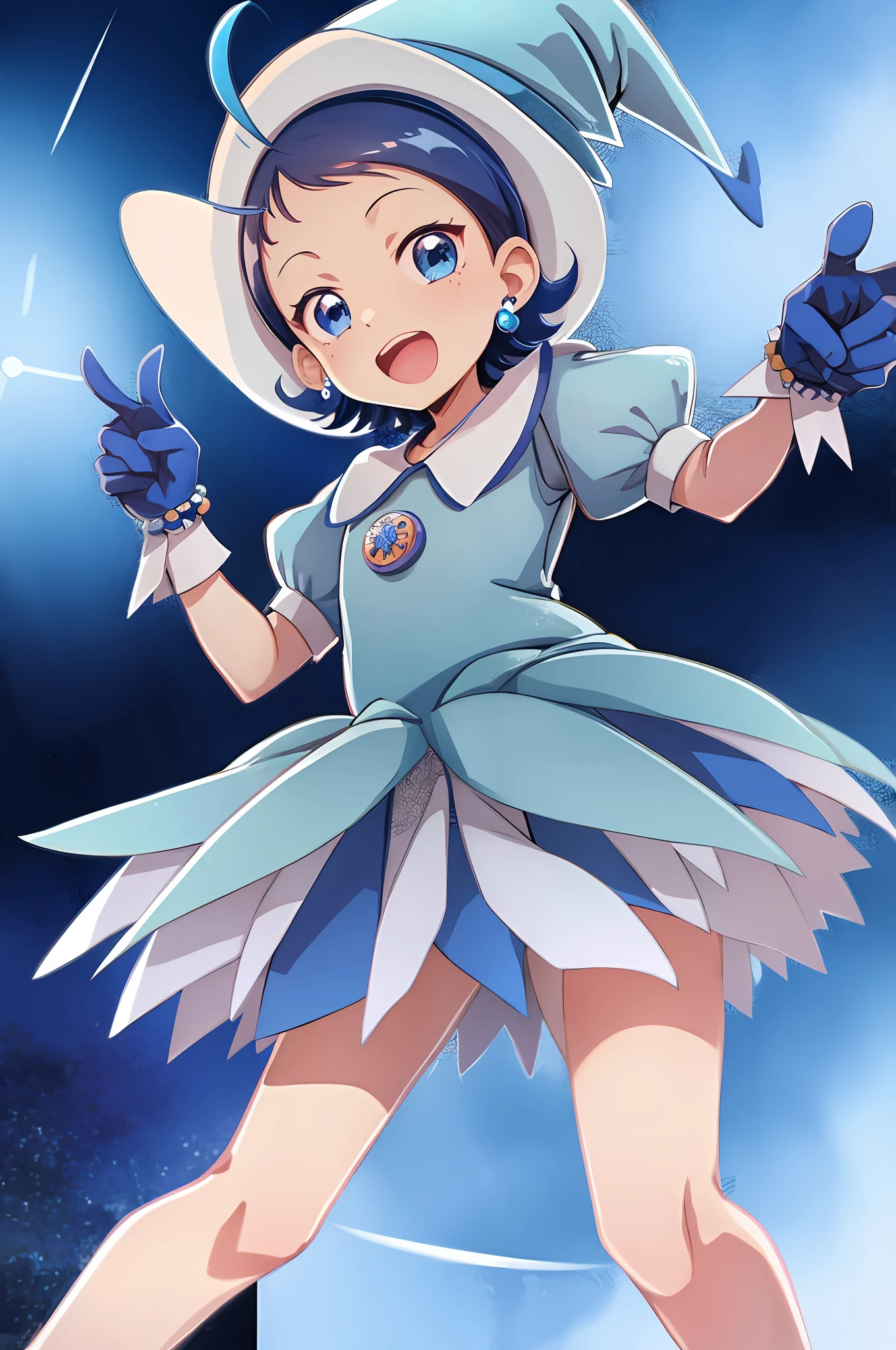 female child, solo, ojaksnmgc, blue eyes, blue hair, short hair, bangs, ahoge, witch hat, puffy sleeves, blue gloves, jewelry, standing, looking at viewer, city, panties, bra