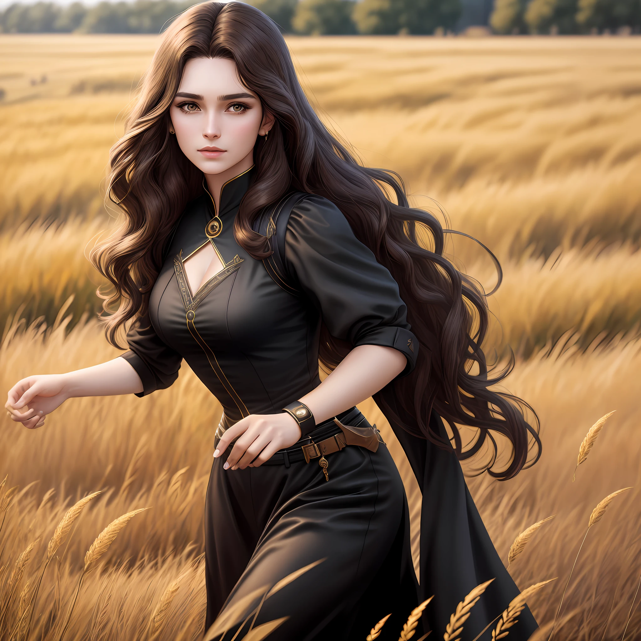 Capricorn heroine, black clothes, wavy brown hair, make up, full HD, realistic, 8k, details, golden grass field, movie