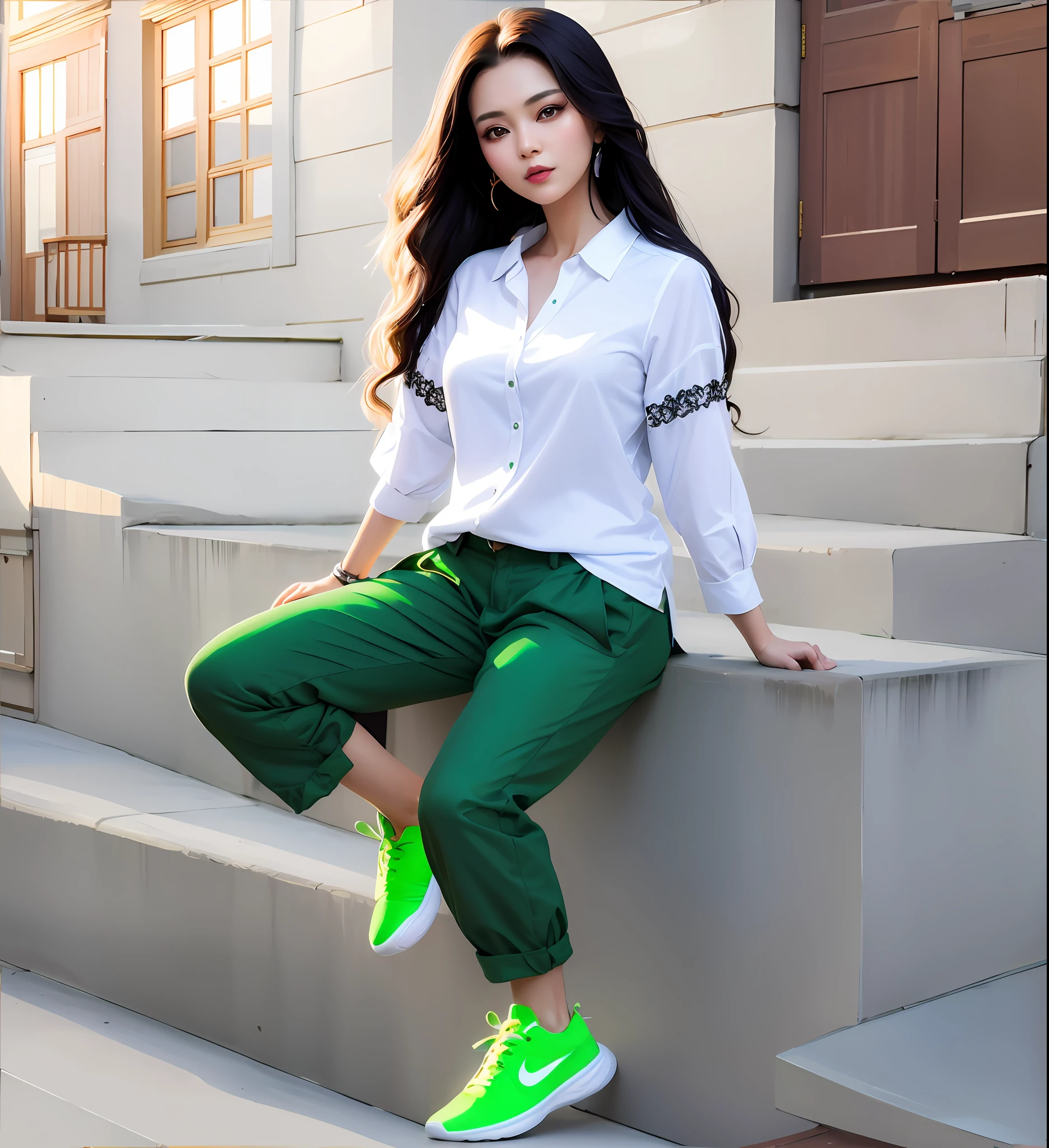 araffe woman sitting on steps with green shoes and white shirt, korean women's fashion model, casual green clothing, gorgeous young korean woman, wearing elegant casual clothes, wearing green clothing, full body cute young lady, green clothes, wearing casual clothes, korean woman, casual pose, beautiful south korean woman, attractive pose, casual clothing style, beautiful young woman