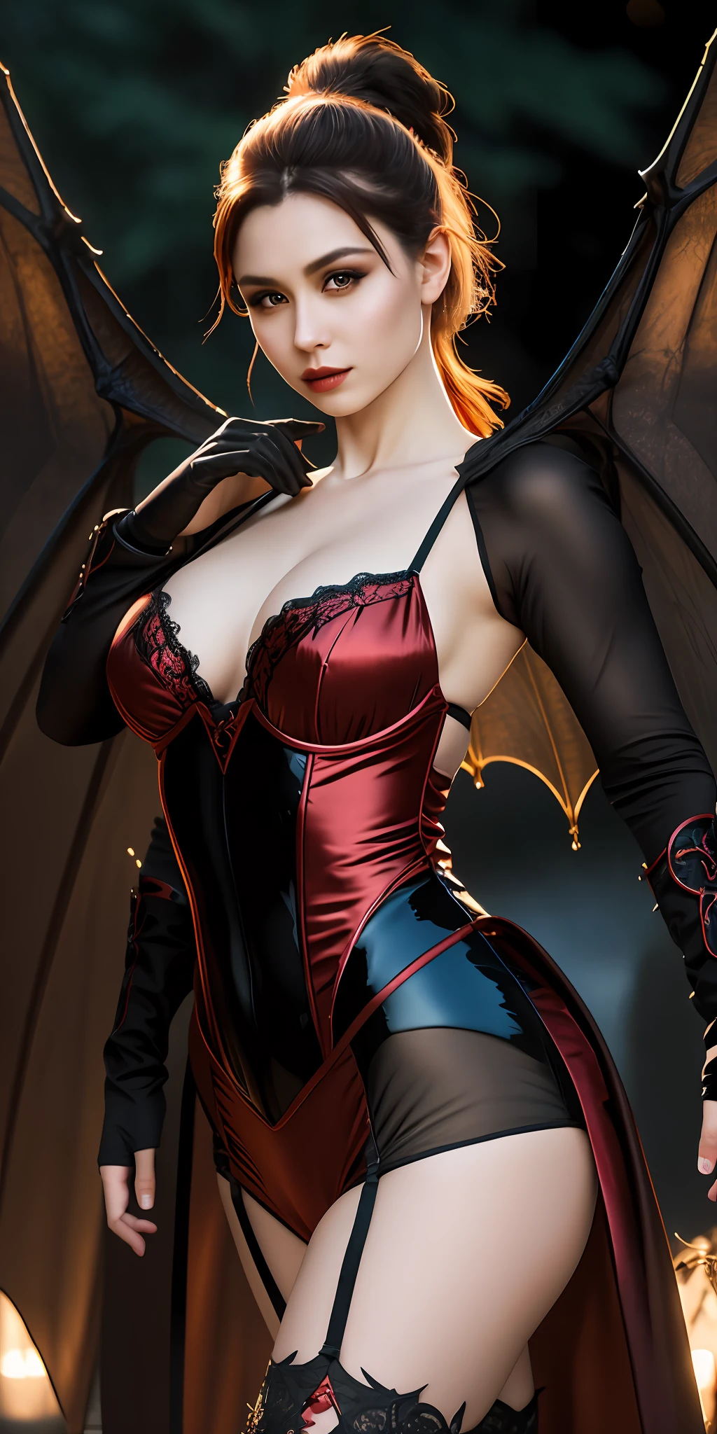 Thin, (Best Illustration), 8k Resolution, Intricate Details, Best Quality, Realistic, Ultra Detailed, Best Lighting, Best Shadows, Ultra HD, A Necromancer, Night, Magic, Dark Style, Vampire, Bat Wings, Bright Red Eyes, Masterpiece, high_res, Beautiful Face, Tyndall Effect, Photorealistic, (Highly Detailed Skin: 1.2), 8k uhd, dslr, High Quality, Photography, High Resolution, 4K, 8K, Bokeh, (((Very Small Breasts))),  absurdities, contorted ponytail, better ratio four fingers and a thumb,