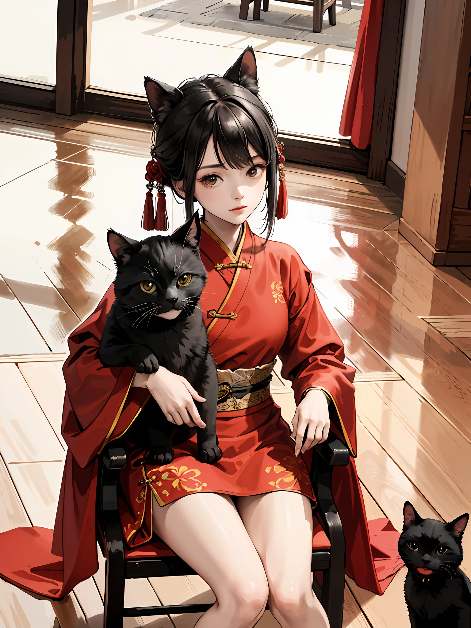 absurdres, highres, ultra detailed, (1girl:1.3), hand drawn, simple line, 16yo girl in red color Chinese Hanfu , masterpiece, sitting at the chair, indoor, ancient room, candle light, with a black cat