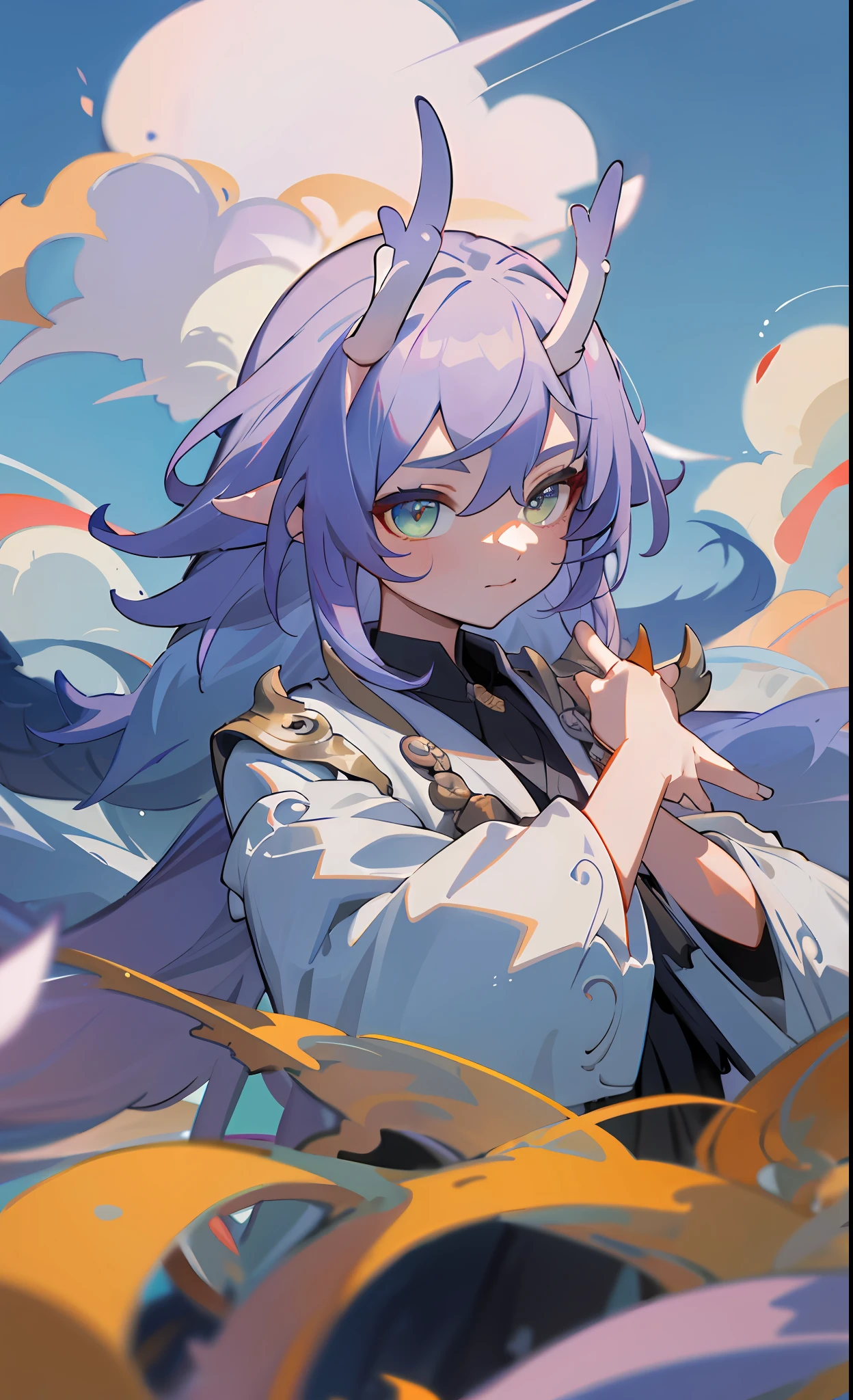 (masterpiece), (best quality), (ultra detailed), bailu, front looking, looking at viewer, one dragon tail, two horns, upper body, flowers, flowing colors, cloudy sky,