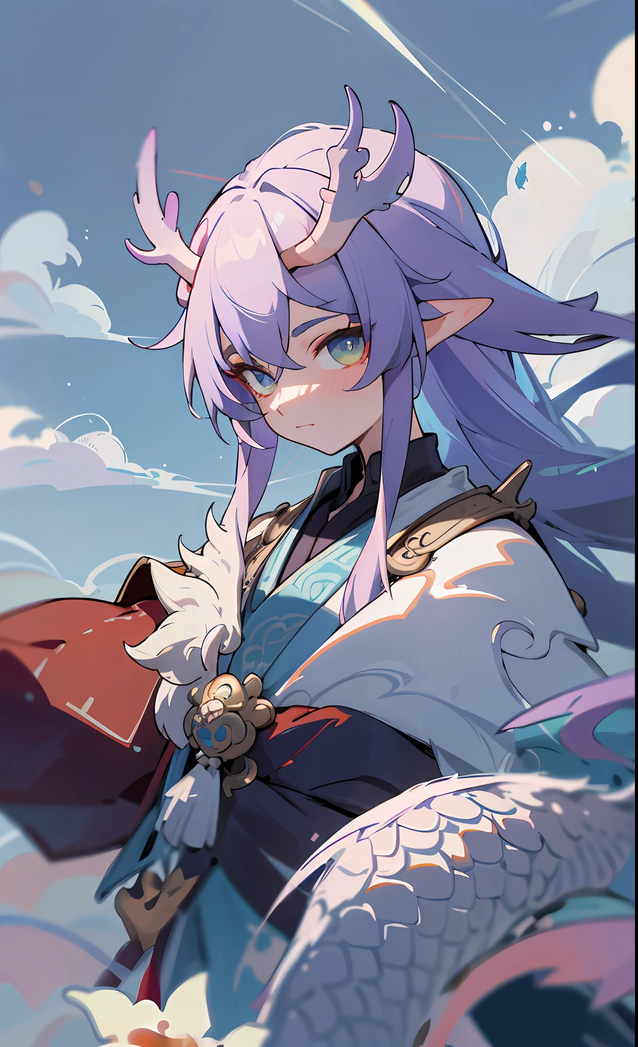 (masterpiece), (best quality), (ultra detailed), bailu, front looking, looking at viewer, one dragon tail, two horns, upper body, flowers, flowing colors, cloudy sky,