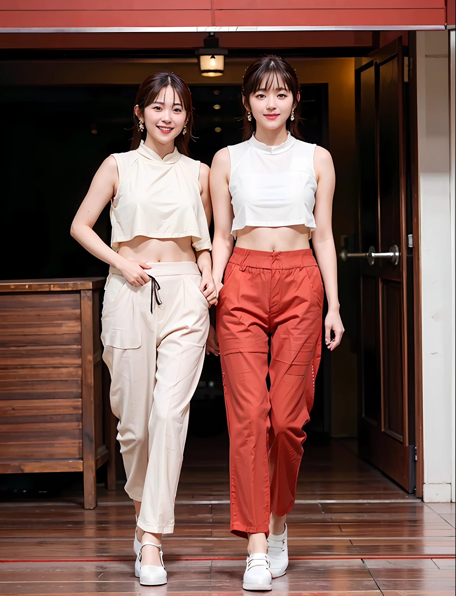 (best quality:1.4), (ultra highres:1.2), (photorealistic:1.4), (8k, RAW photo:1.2),(medium shot :1.4), (brown eyes), girl walking on the street, wearing ( red Thai Cotton Pants:1.3),(white top:1.2), (nice shoes),(natural light),(rim light)