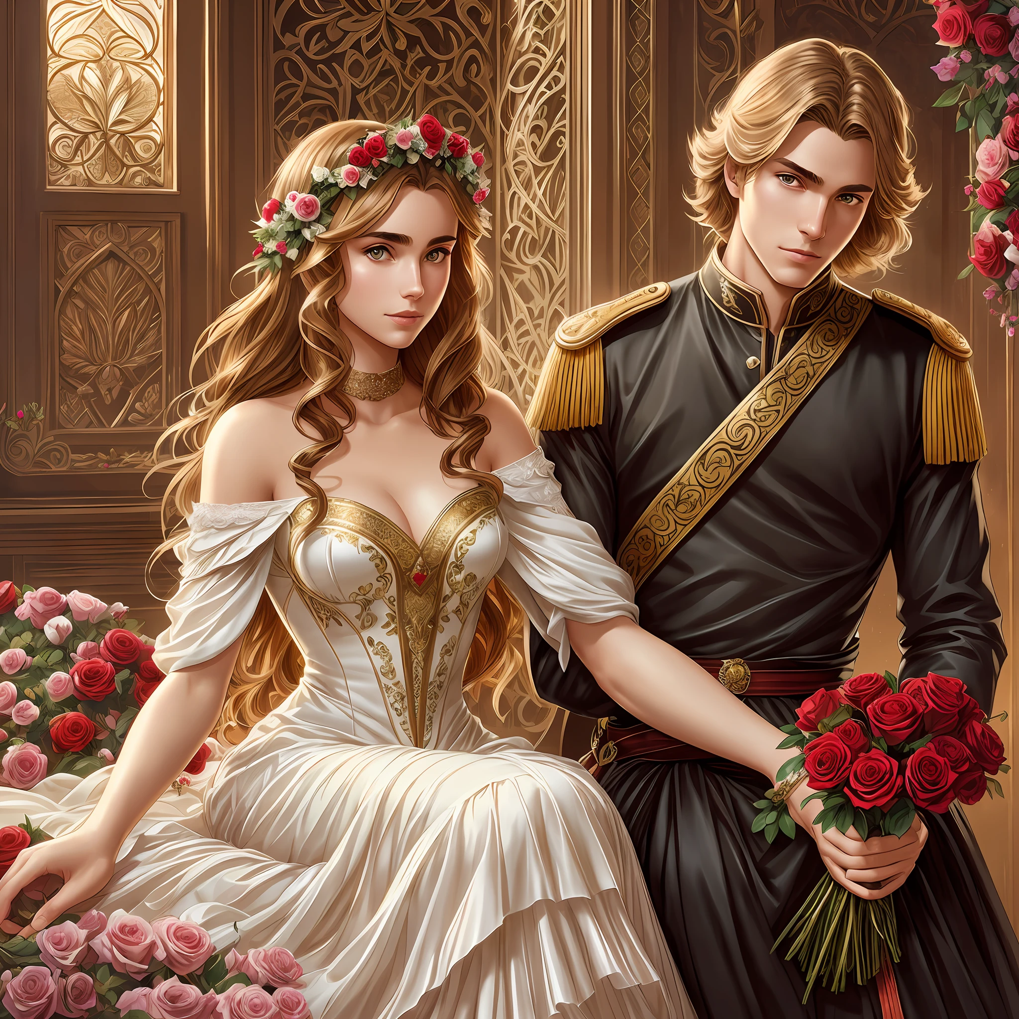 Couple a man and a woman, Neels Visser is a prince who has golden blonde hair, wears a medieval military outfit and is in love with the commoner Lily Collins, who has curly brown black hair and wears a red dress, they kiss very affectionately, illustration of a romance book cover with a detailed background, smooth, bright full of ivy-covered flowers and red roses, ornate dress standing on a bed of roses, rim light, dynamic lighting, ethereal lighting, ultra detail, concept art, elegant, surreal, art by Lisa Aisato, Greg Hildebrandt, Citemer Liu, Stjepan Sejic, Samyang, Aykut Aydogdu, Justin Gerard, Alphonse Mucha, Artgerm, WLOP and Greg Rutkowski