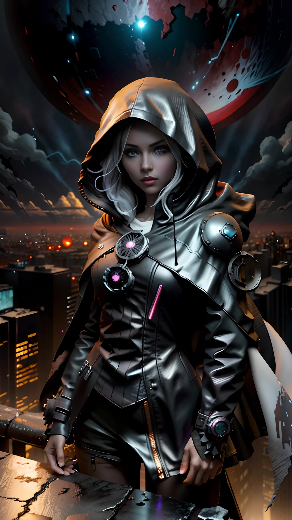 1girl,standing on a ledge overlooking a city at night, stylized urban fantasy art, hooded hooded Sith Lord, digital cyberpunk anime art, blood moon background, wearing hooded science fiction cape, digital cyberpunk - anime art, modern science fiction anime, dark cyberpunk illustration, anime cyberpunk art, cyberpunk anime girl with hood, during a blood moon,rendered in Unreal Engine, peeled sky, broken winds,sky between cracks, realistic material details, extreme details, hyper-realistic materials, Unreal Engine rendering concept art, broken sky, Unreal Engine art, dramatic lighting. Concept art, rendered in Unreal 5, ((Unreal Engine)), Unreal Engine Art 5