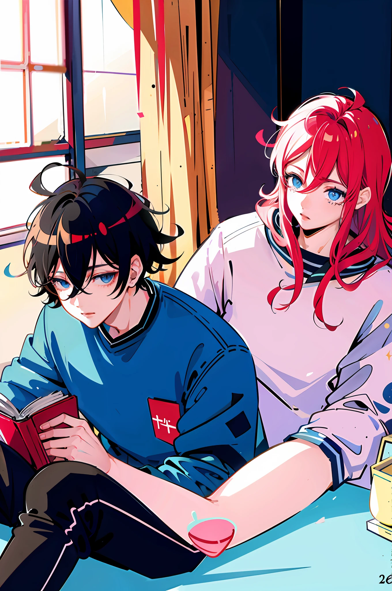 Book cover, 2d, anime style, manhwa style, book cover with drawing of two boys lying together, one of them who appears on the cover is a red-haired boy with blue eyes, handsome same male protagonist of romance, the other boy has black hair and is handsome too, same male character of romance (2boys), gay couple