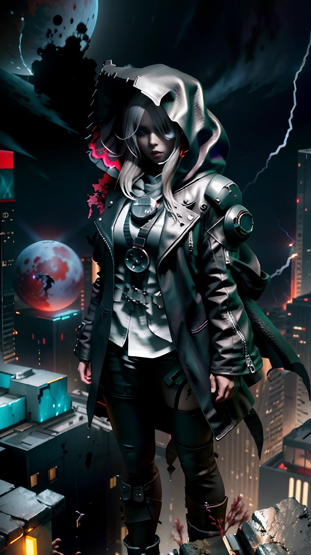 1girl,standing on a ledge overlooking a city at night, stylized urban fantasy art, hooded hooded Sith Lord, digital cyberpunk anime art, blood moon background, wearing hooded science fiction cape, digital cyberpunk - anime art, modern science fiction anime, dark cyberpunk illustration, anime cyberpunk art,  cyberpunk anime girl with hood, during a blood moon,rendered in Unreal Engine, peeled sky, broken winds,sky between cracks, realistic material details, extreme details, hyper-realistic materials, Unreal Engine rendering concept art, broken sky, Unreal Engine art, dramatic lighting. Concept art, rendered in Unreal 5, ((Unreal Engine)), Unreal Engine Art 5