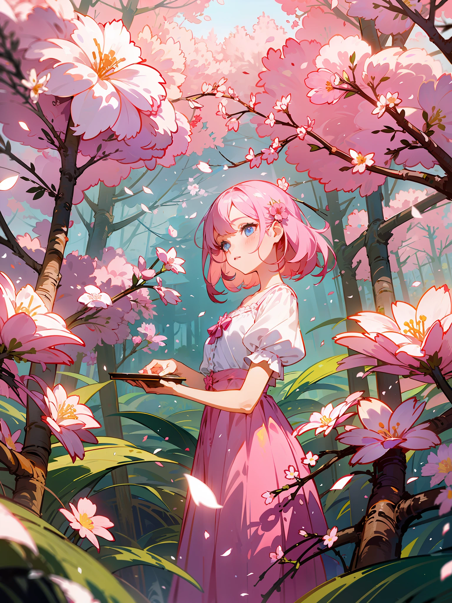 In the pink forest, beautiful eyes, beautiful girl in pink dress standing under blooming flowers. She is inspired by the works of the famous painter Oleg Oprisco, and the beautiful face of the girl looks particularly touching among the flowers. The picture is full of fairytale romance, and among the beautiful cherry blossom petals, the girl seems to be lost in the dreamy flower field.