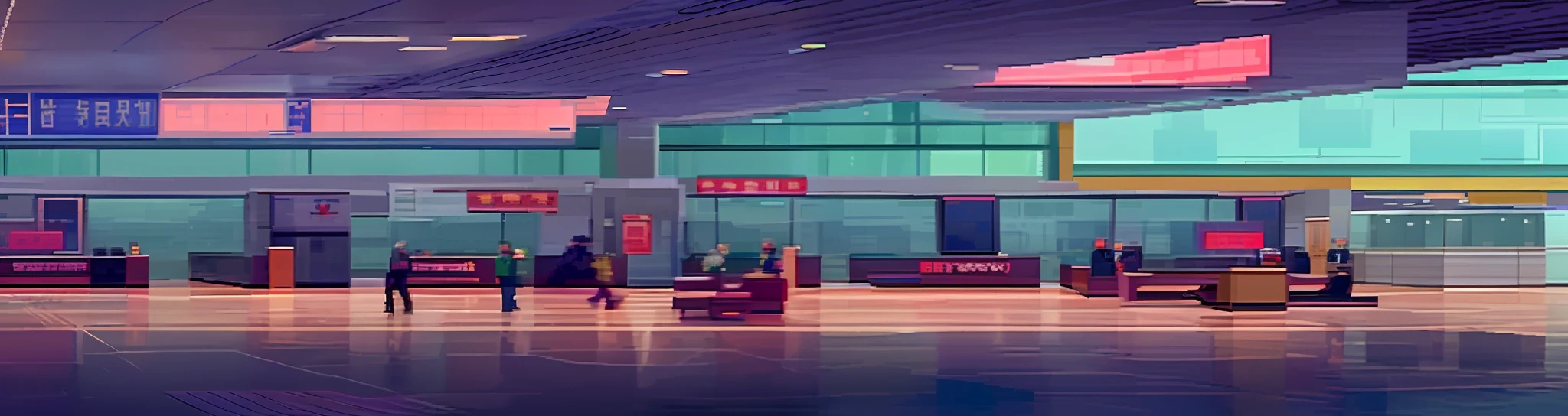 reproduce the image sent as close as possible and stretch the hall, inside a chinese airport, airport people boarding entrance, 32 bit quality, extremely detailed, official art, pixel art, snes style, super detail, side view, beat em up game stage style, with the floor of 100 pixels -- v 1
