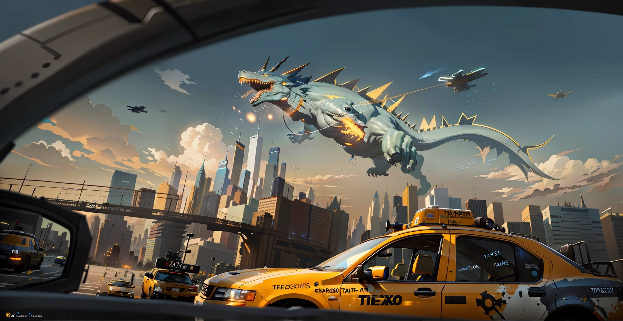 there is a picture of a taxi cab in the city, sci - fi scene future new york, charizard flying above new york, kaiju towering above new york, stylized urban fantasy artwork, highly realistic concept art, matte painting comic book art, urban concept art, octane render. by makoto shinkai, syd mead and raphael lacoste