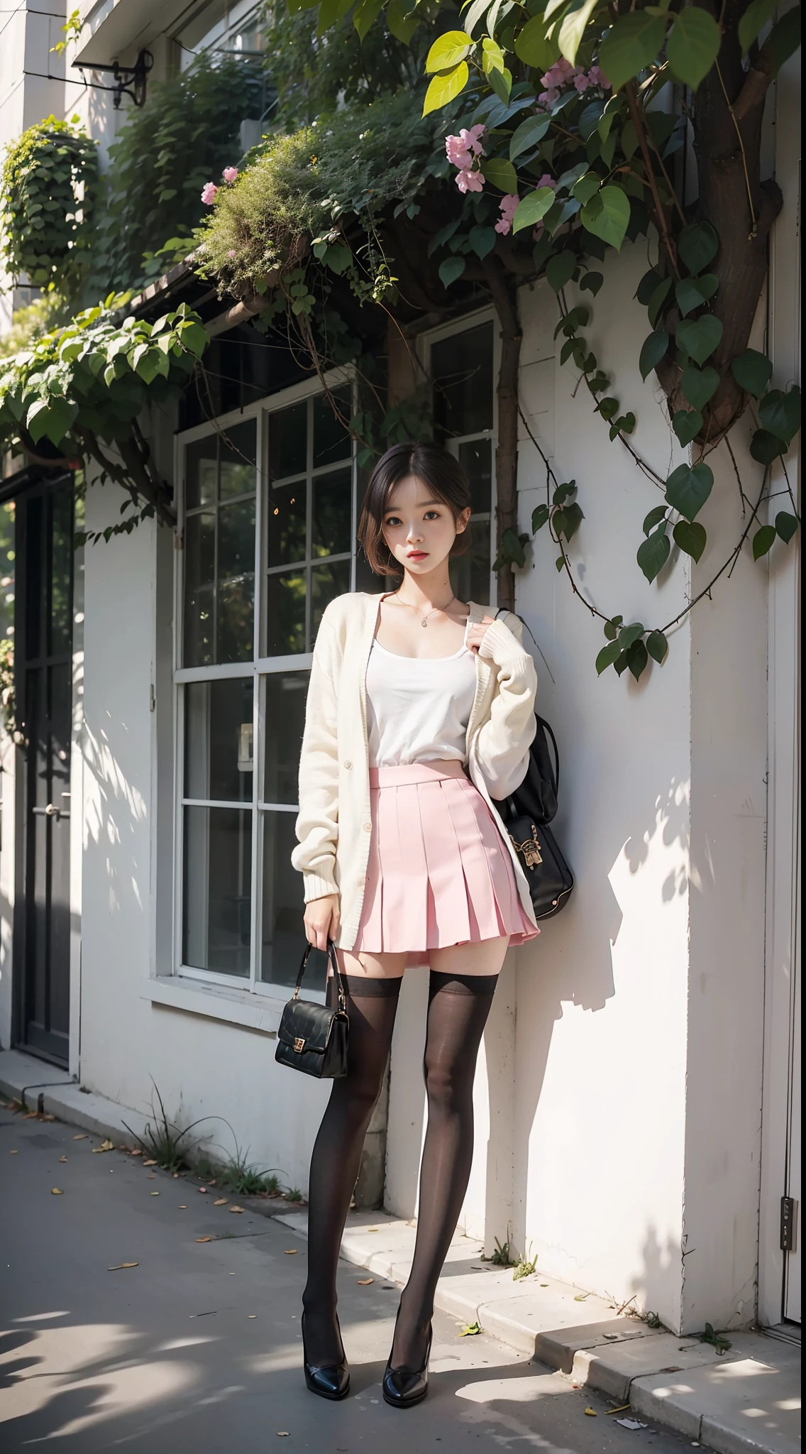 Best Quality, Full Body Portrait, Delicate Face, Beautiful Face, Big Eyes: 1.1, Makeup: 1.2, 25 Years Old Woman, Slim Figure, Small Bust, White Office Shirt, Cardigan, Pink Hip Skirt, Black Stockings, Outdoor Scene, Standing Posture